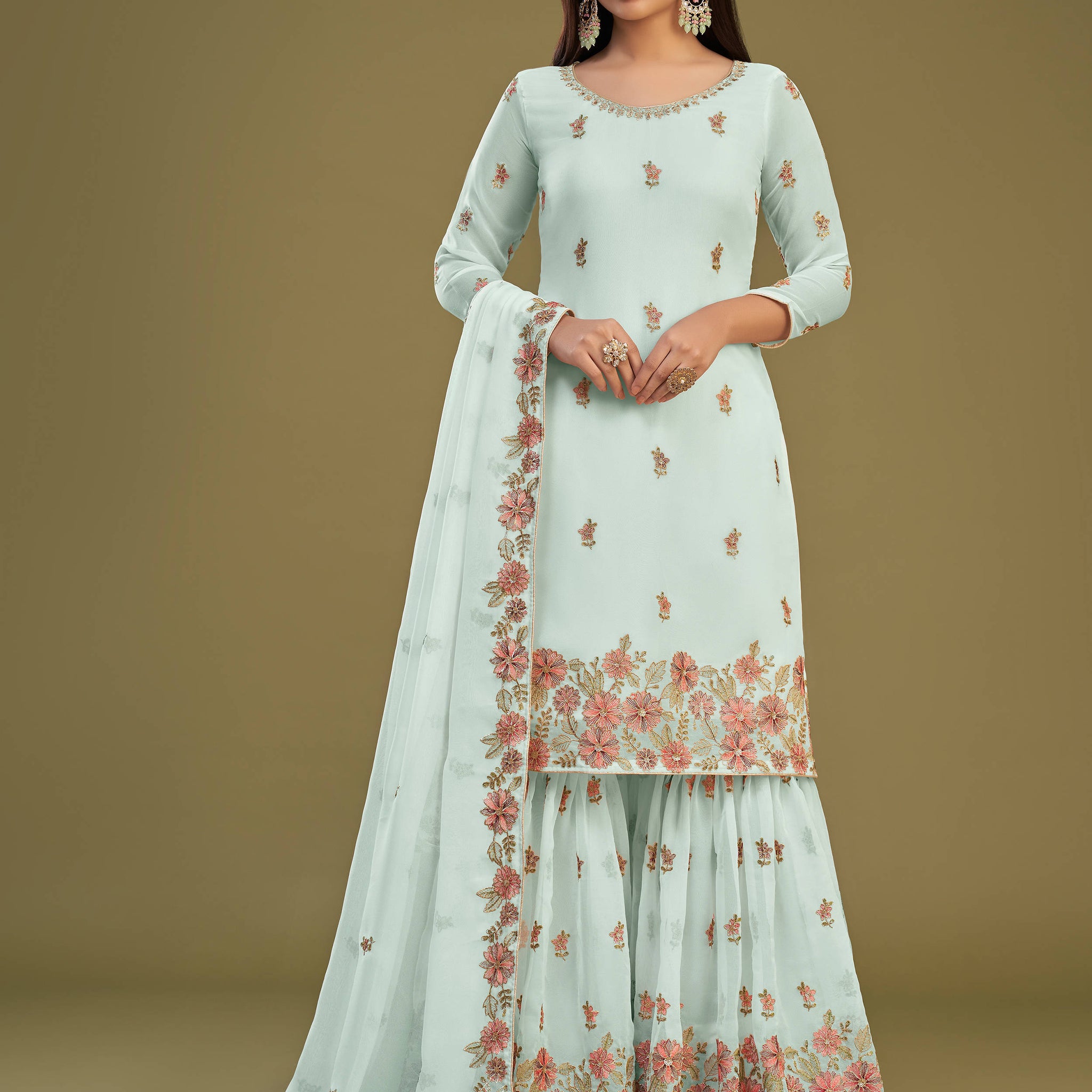 Attractive Firozi Embroidered Georgette Function Wear Sharara Suits
