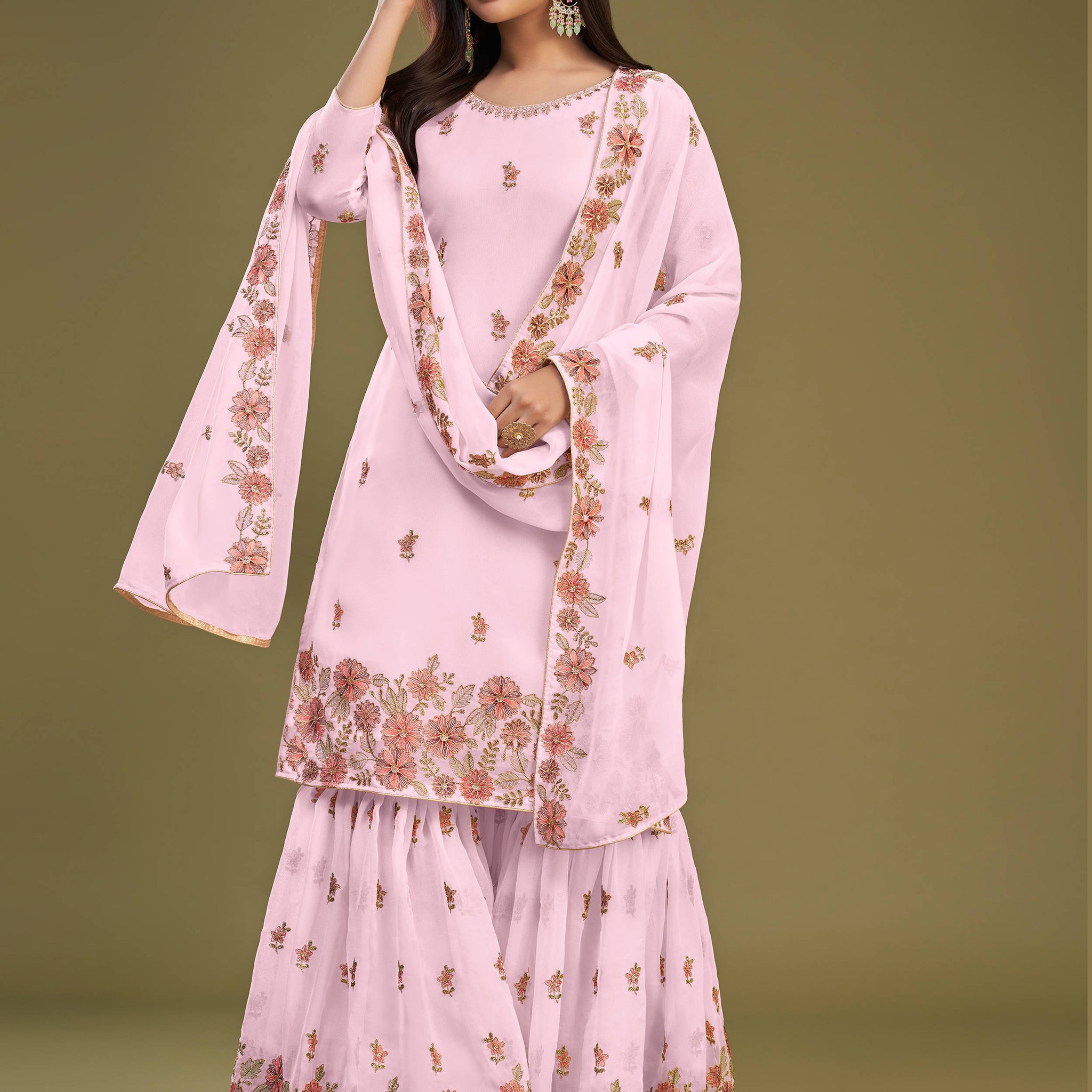 Alluring Pink Embroidered Georgette Party Wear Sharara Suits
