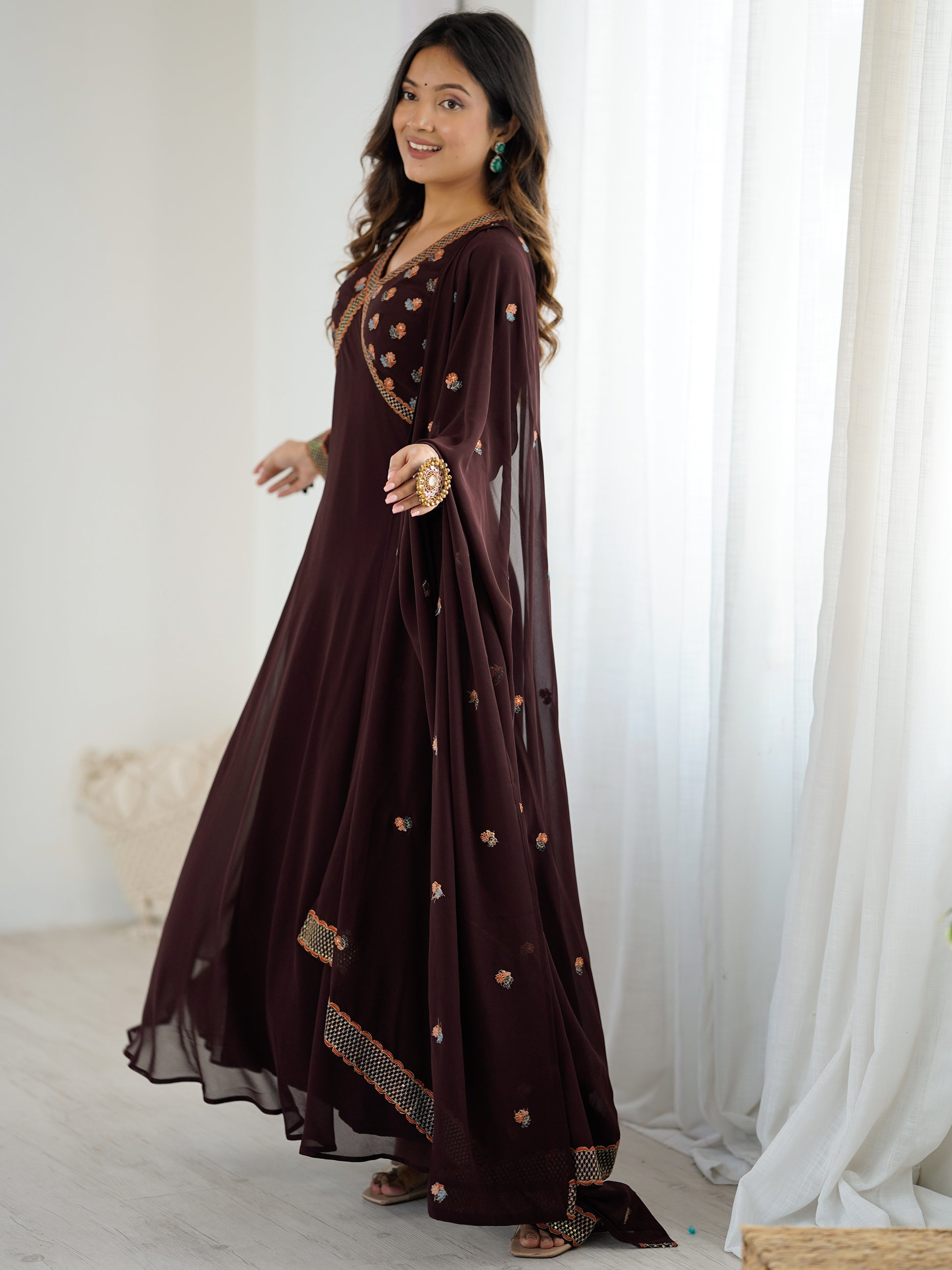 Fabulous Brown Embroidered Georgette Designer Gown With Dupatta