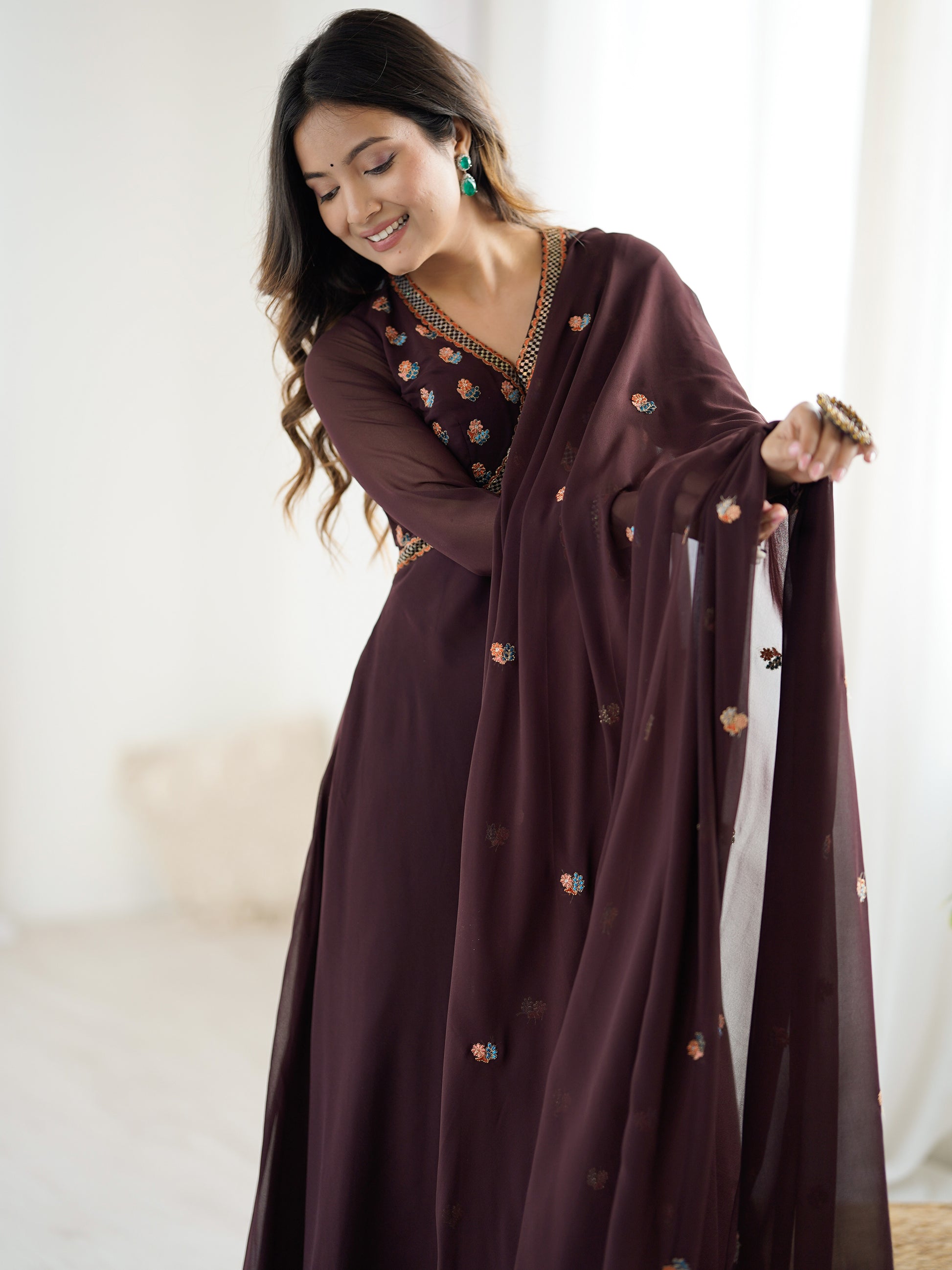 Fabulous Brown Embroidered Georgette Designer Gown With Dupatta