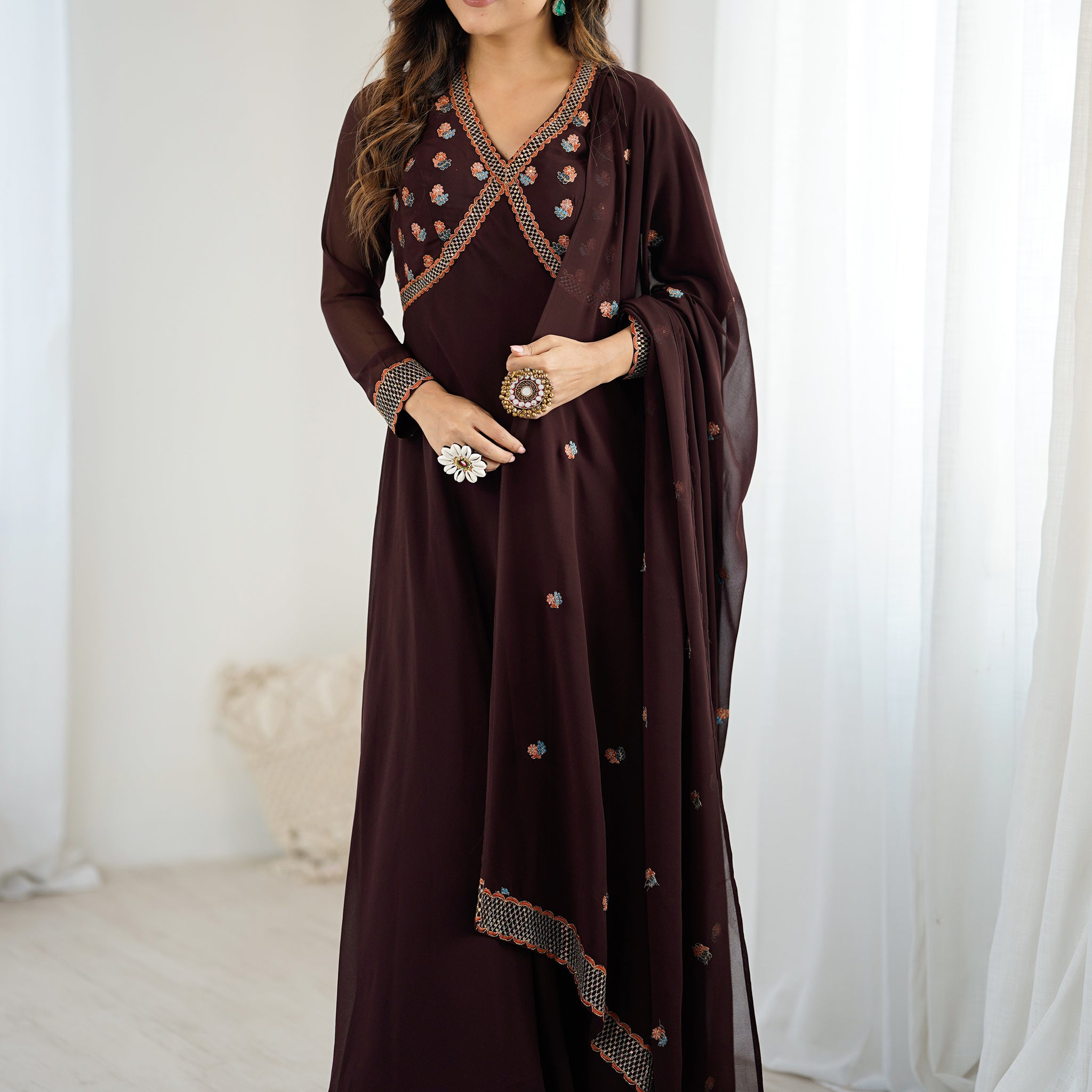 Fabulous Brown Embroidered Georgette Designer Gown With Dupatta