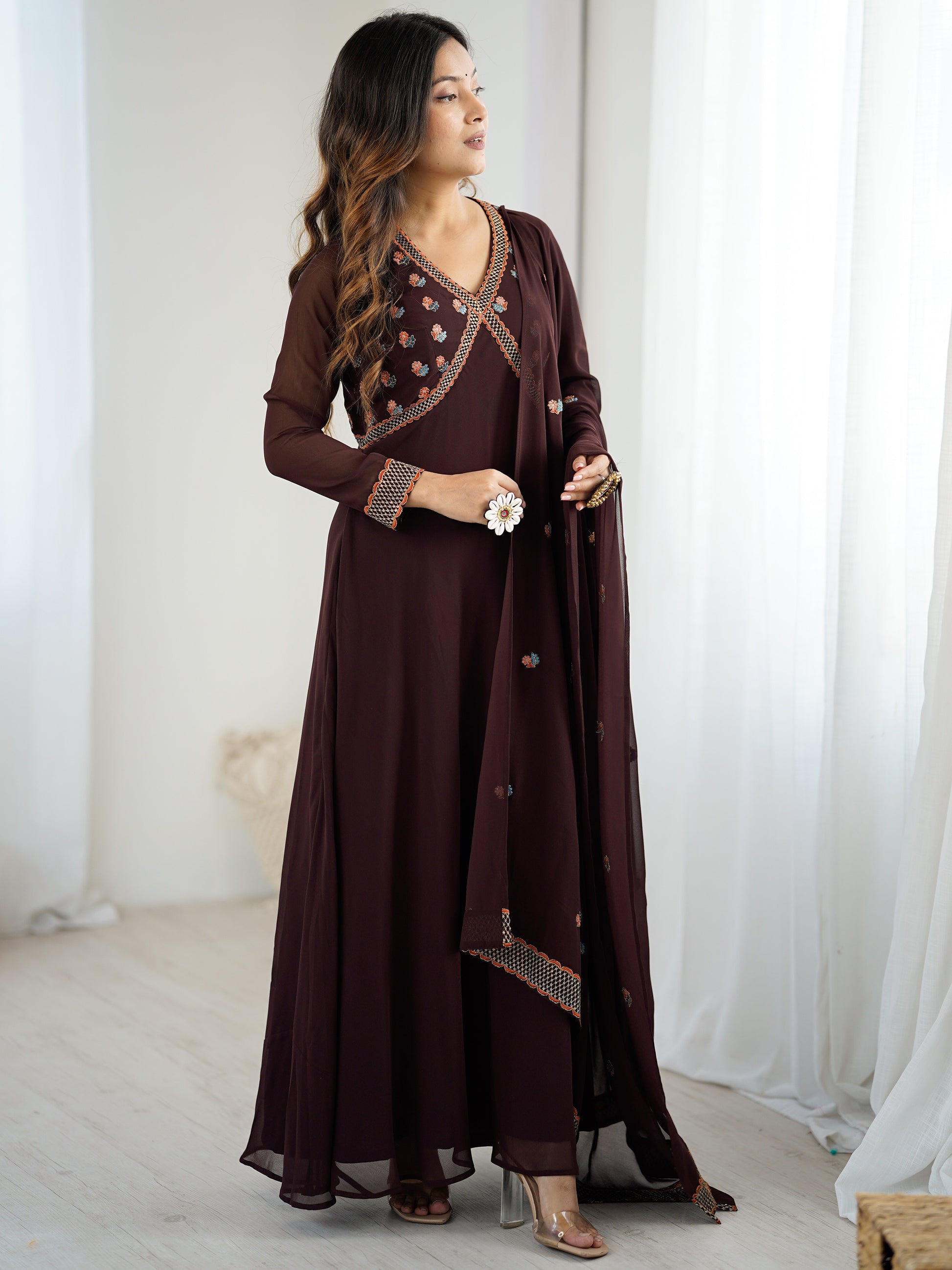 Fabulous Brown Embroidered Georgette Designer Gown With Dupatta