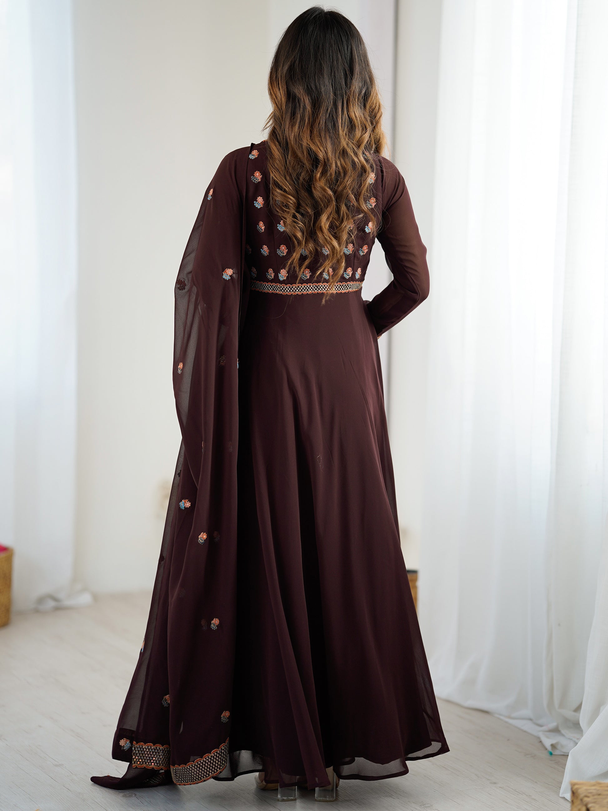 Fabulous Brown Embroidered Georgette Designer Gown With Dupatta