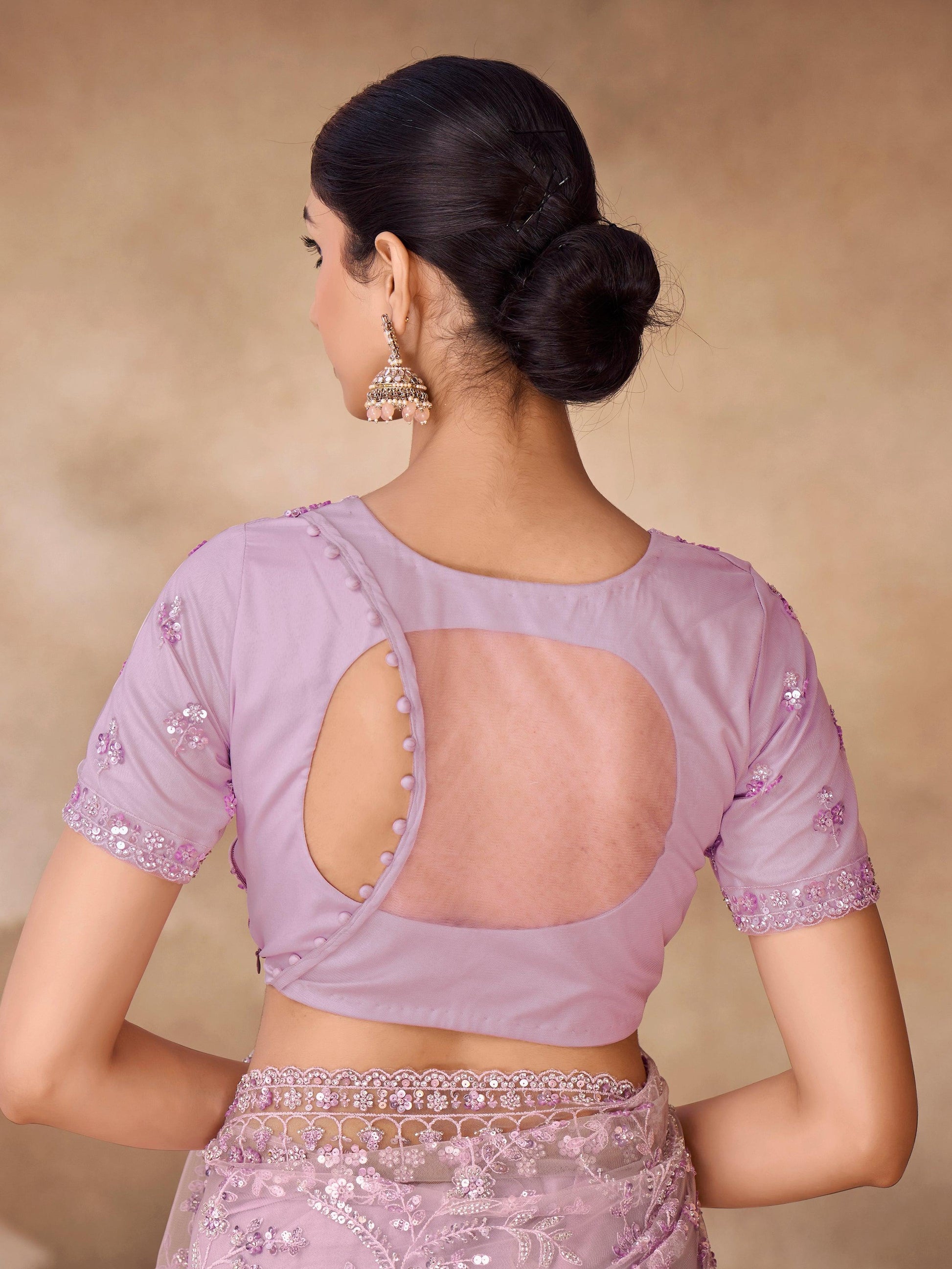 Captivating Lavender Sequins Net Party Wear Saree With Blouse