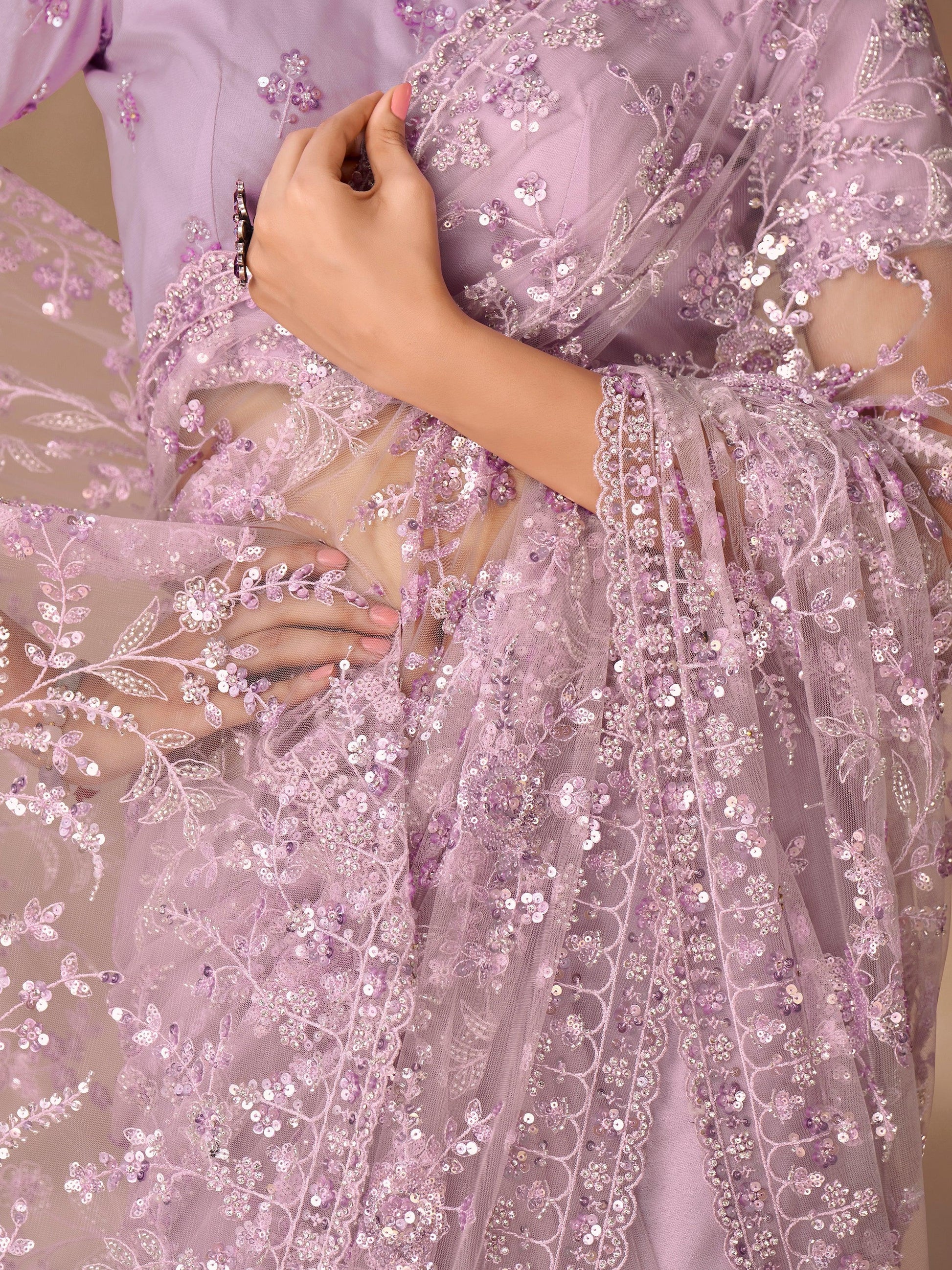 Captivating Lavender Sequins Net Party Wear Saree With Blouse