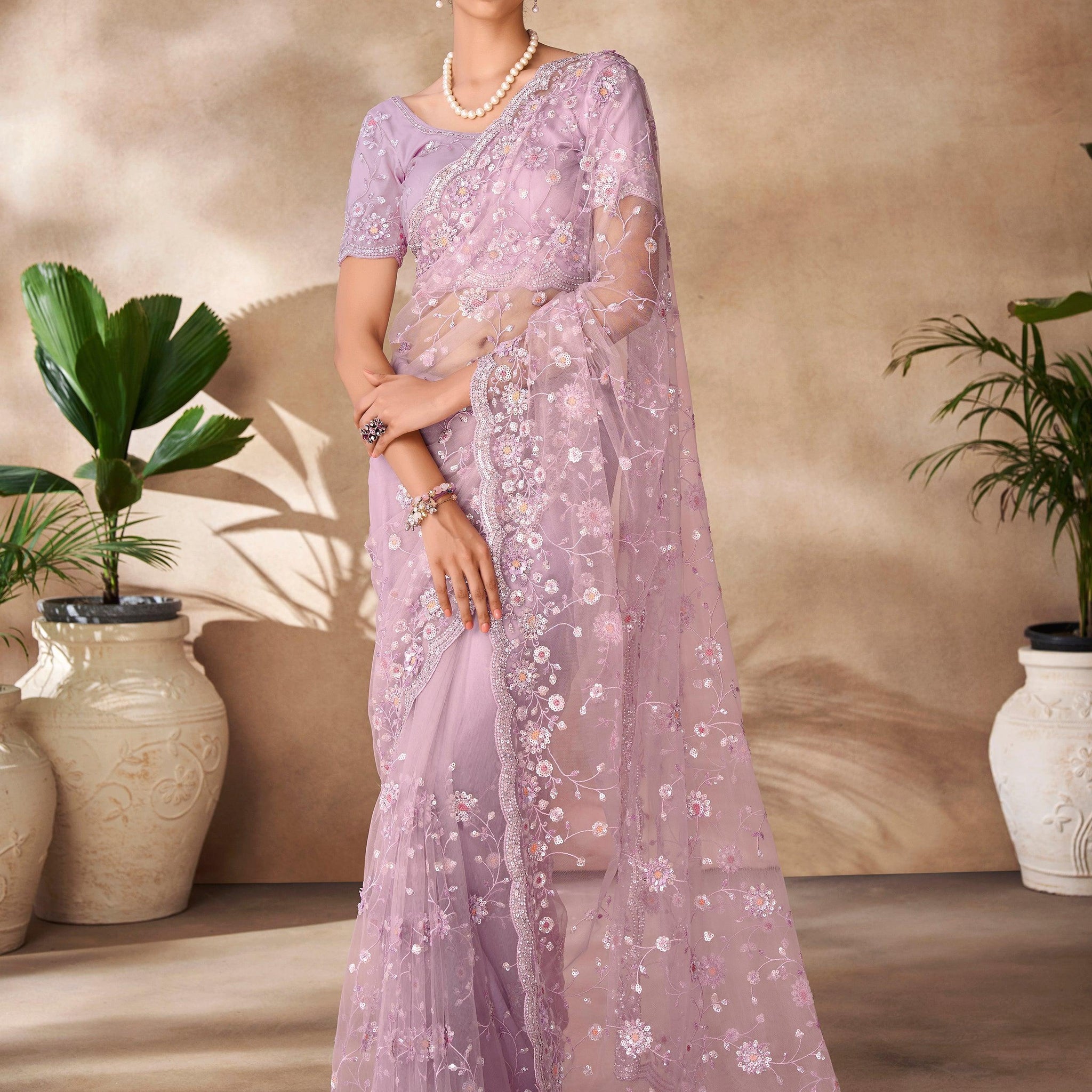 Glamorous Lilac Thread Work Net Event Wear Saree With Blouse