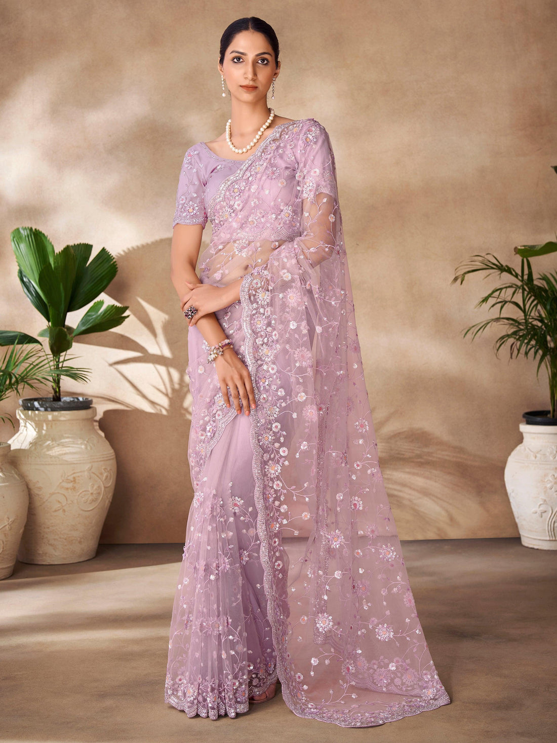 Glamorous Lilac Thread Work Net Event Wear Saree With Blouse