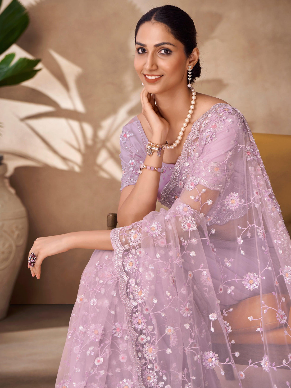Glamorous Lilac Thread Work Net Event Wear Saree With Blouse