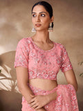 Mesmerizing Peach Sequins Net Reception Wear Saree With Blouse
