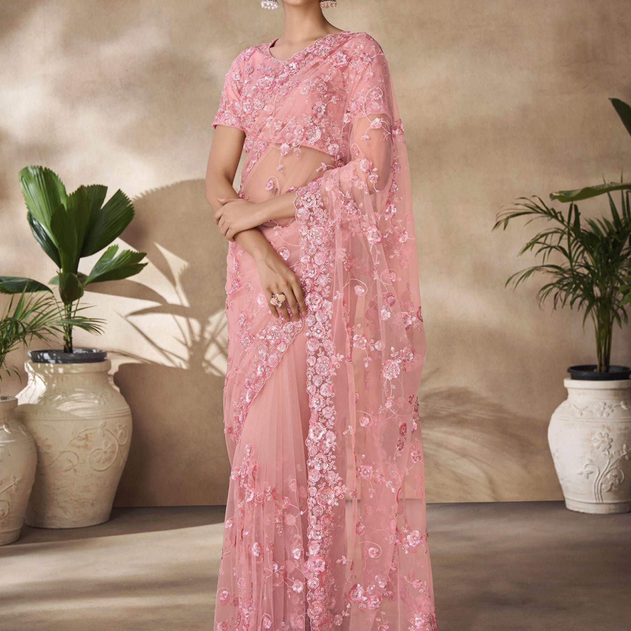 Mesmerizing Peach Sequins Net Reception Wear Saree With Blouse