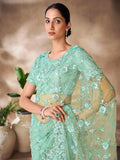 Bewitching Mint Green Sequins Net Designer Saree With Blouse