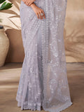 Attractive Grey Sequins Net Party Wear Saree With Blouse