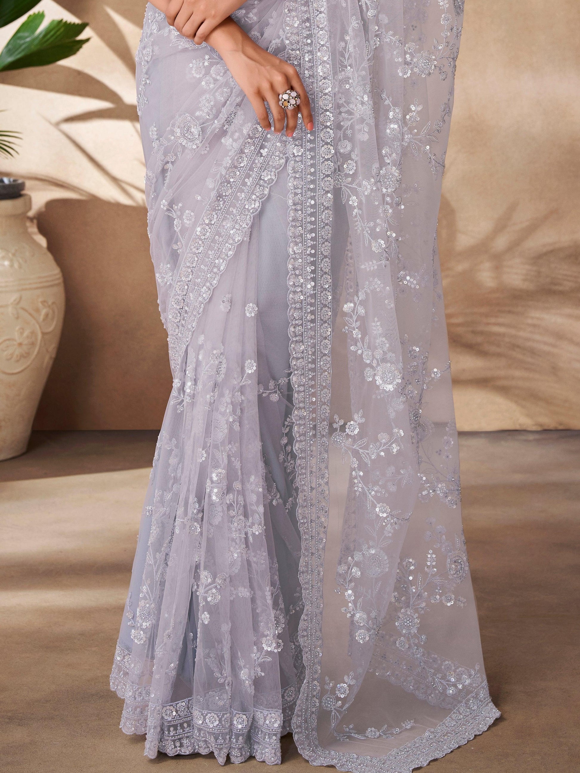 Attractive Grey Sequins Net Party Wear Saree With Blouse