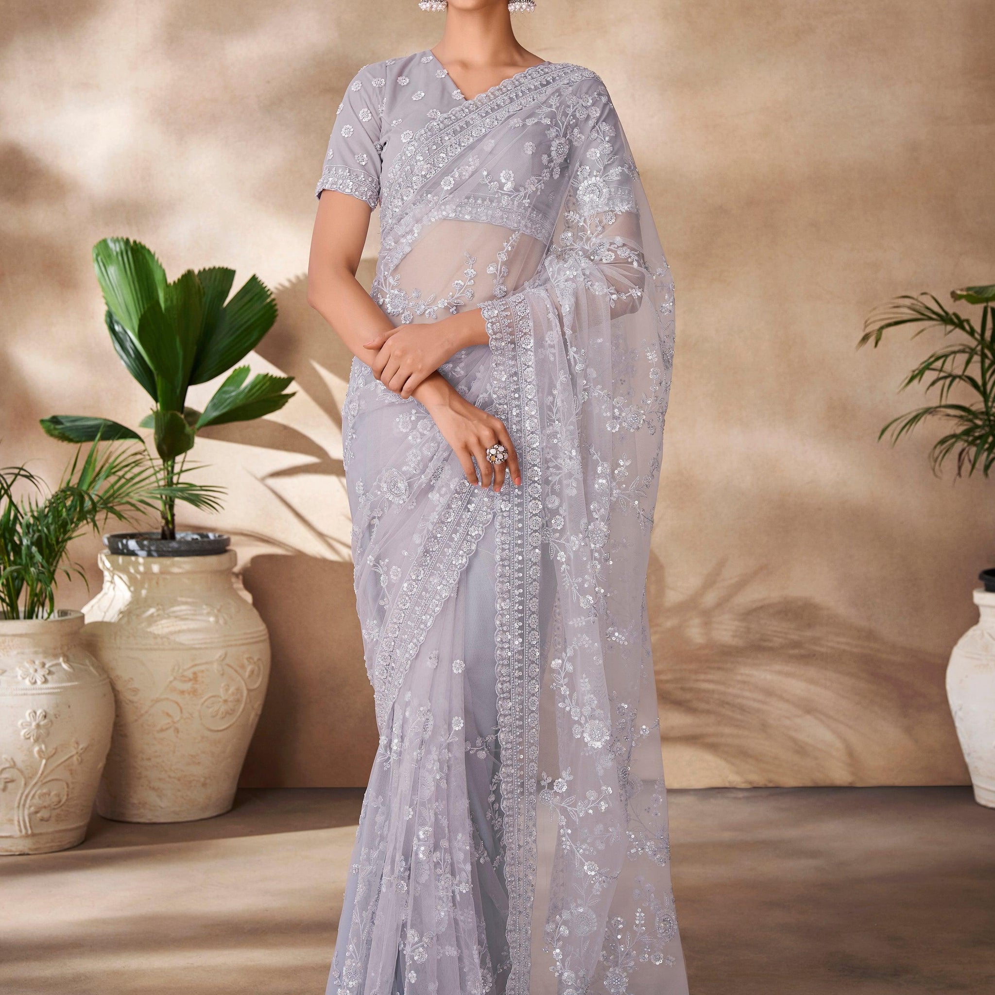 Attractive Grey Sequins Net Party Wear Saree With Blouse