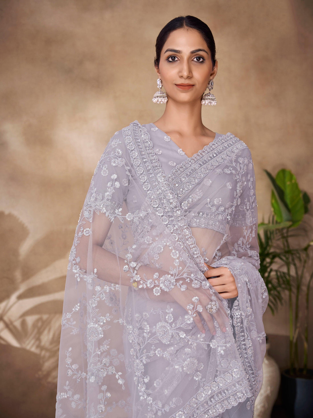 Attractive Grey Sequins Net Party Wear Saree With Blouse
