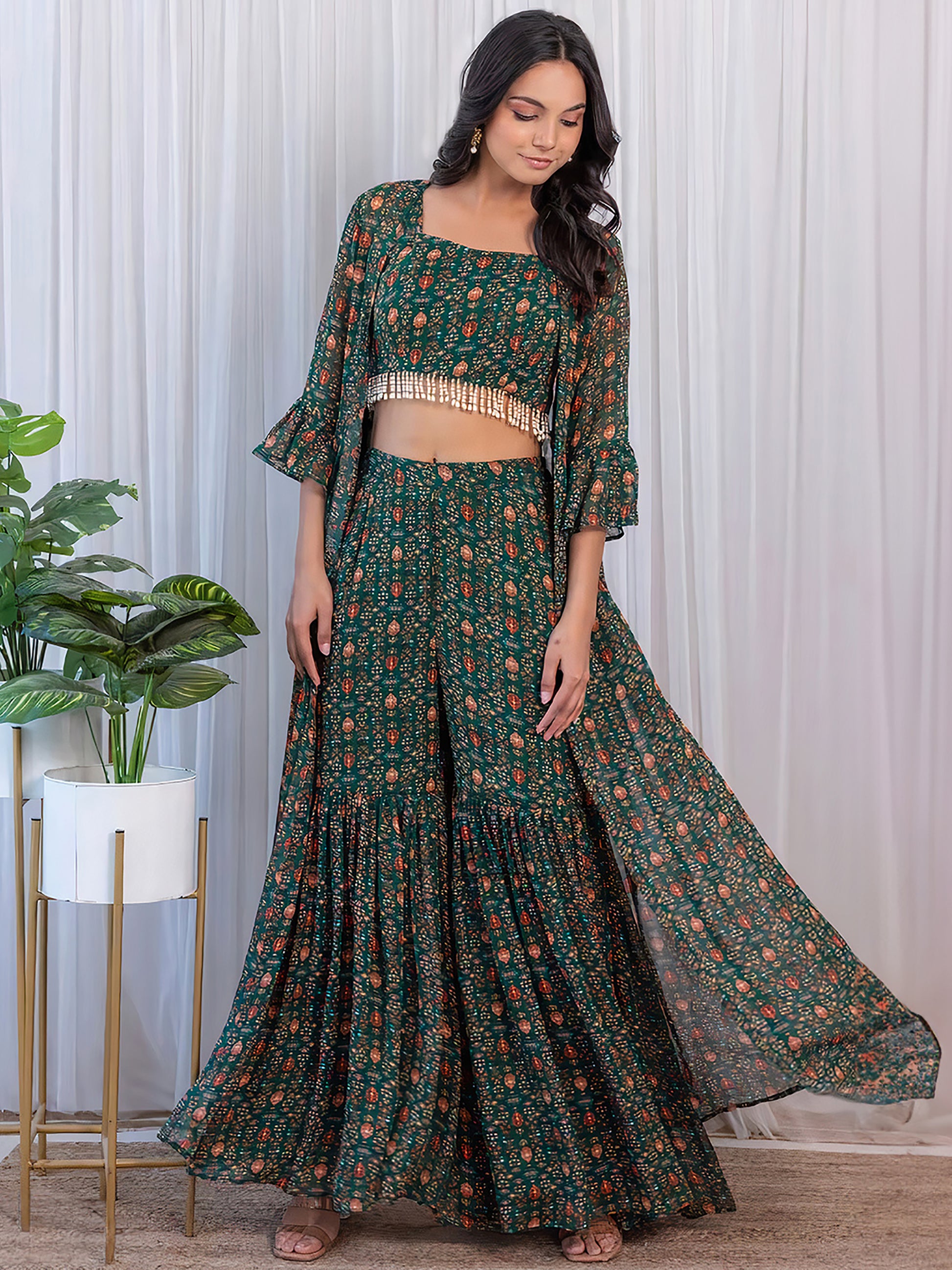Fabulous Green Digital Printed Georgette Sharara Suit With Jacket