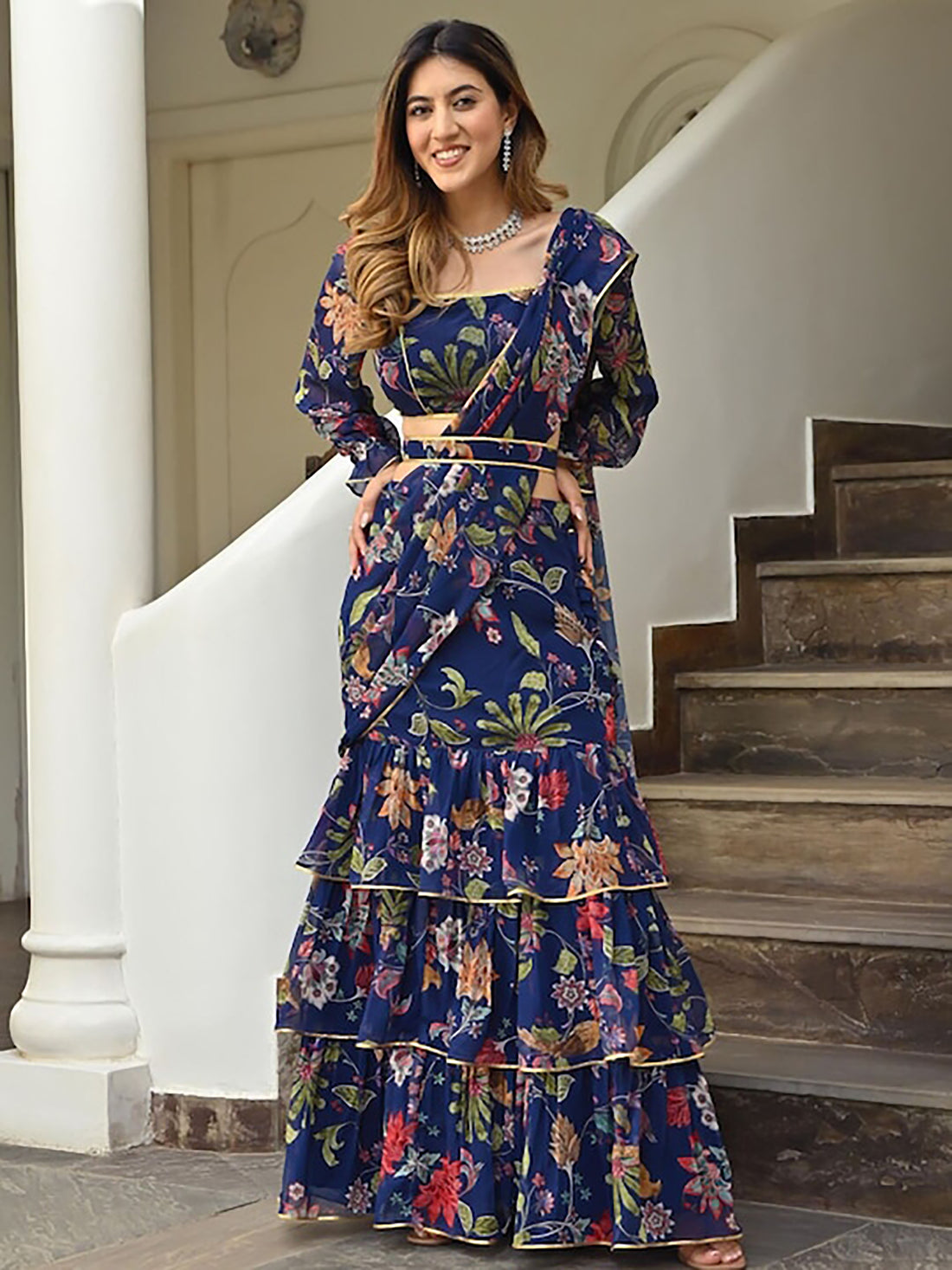 Fancified Navy Blue Floral Printed Georgette Ready To Wear Ruffle Saree