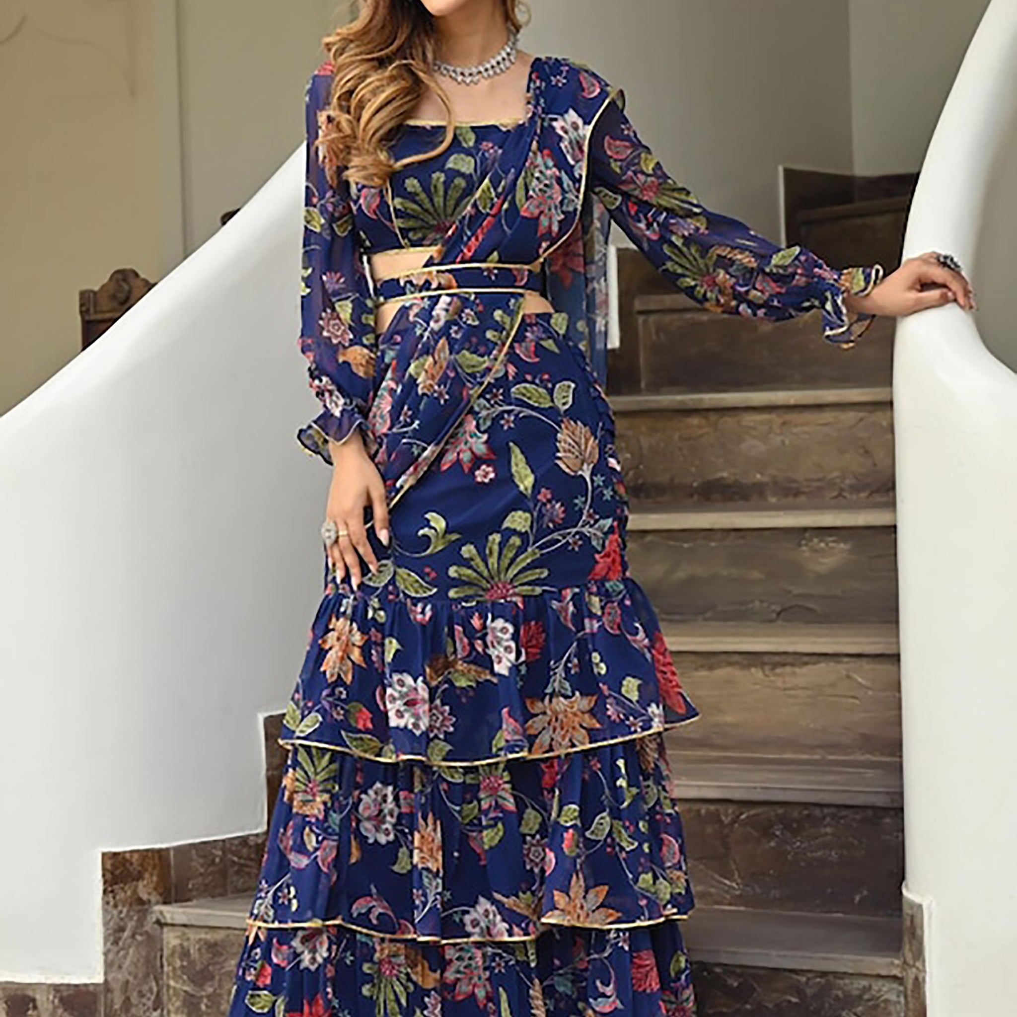 Fancified Navy Blue Floral Printed Georgette Ready To Wear Ruffle Saree