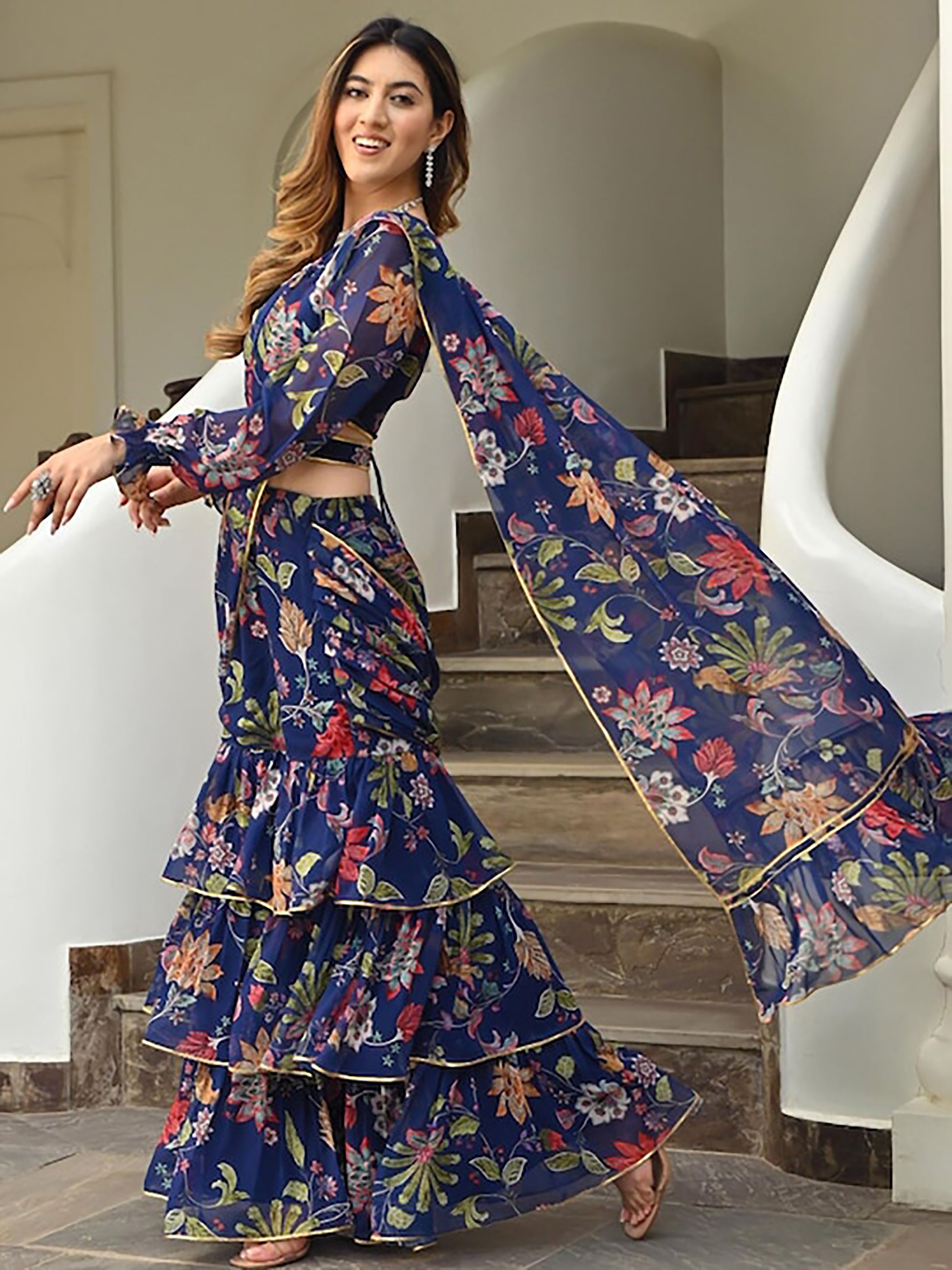 Fancified Navy Blue Floral Printed Georgette Ready To Wear Ruffle Saree