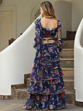 Fancified Navy Blue Floral Printed Georgette Ready To Wear Ruffle Saree