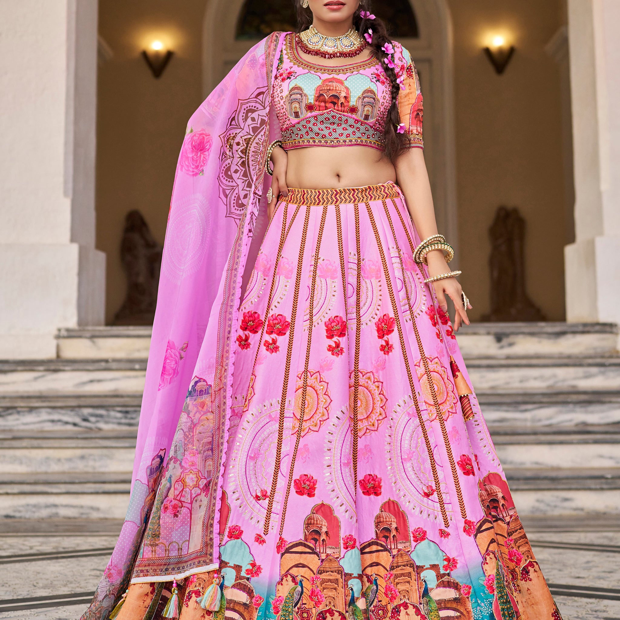 Pretty Pink Printed Art Silk Wedding Wear Lehenga Choli