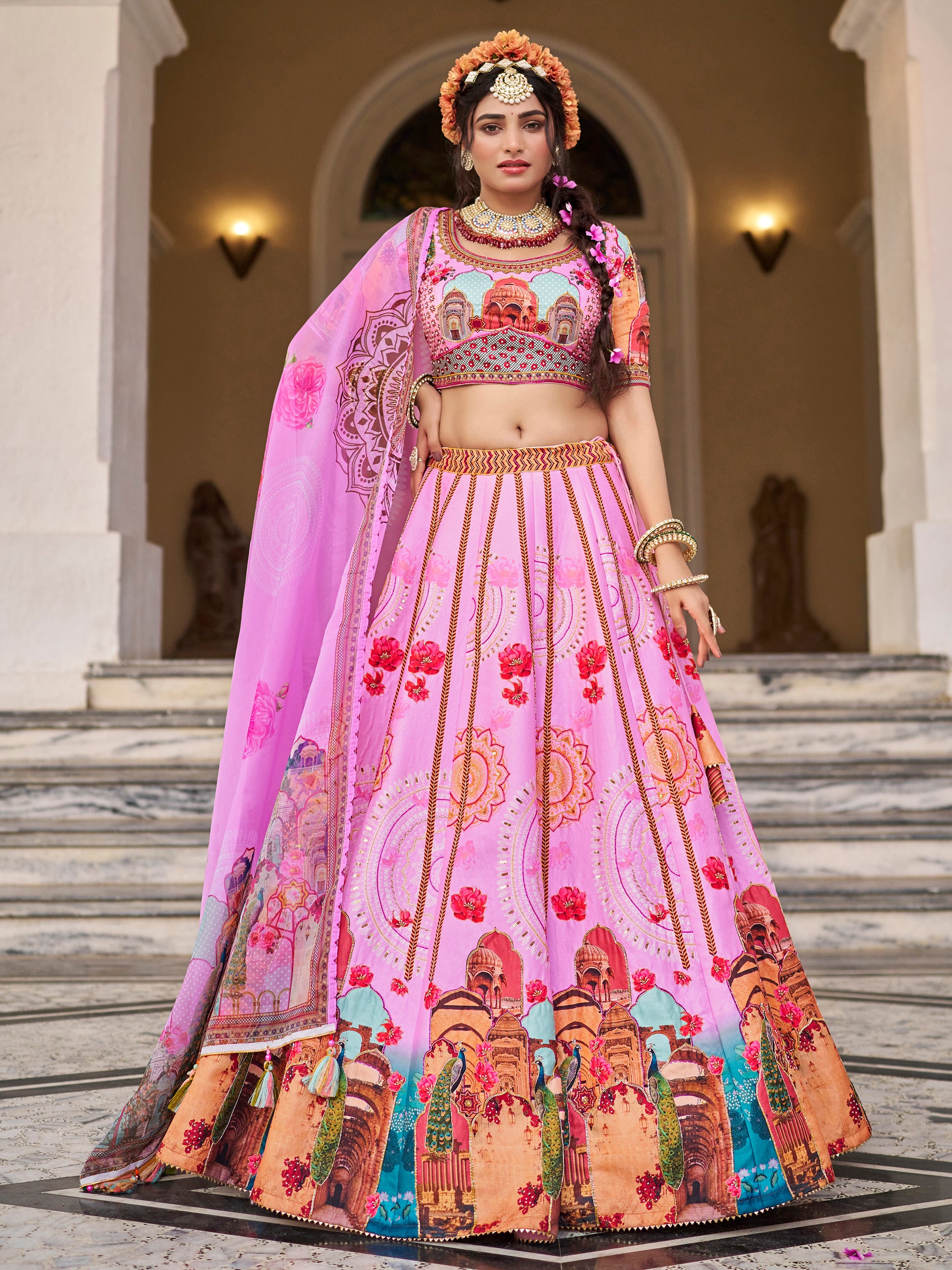Pretty Pink Printed Art Silk Wedding Wear Lehenga Choli