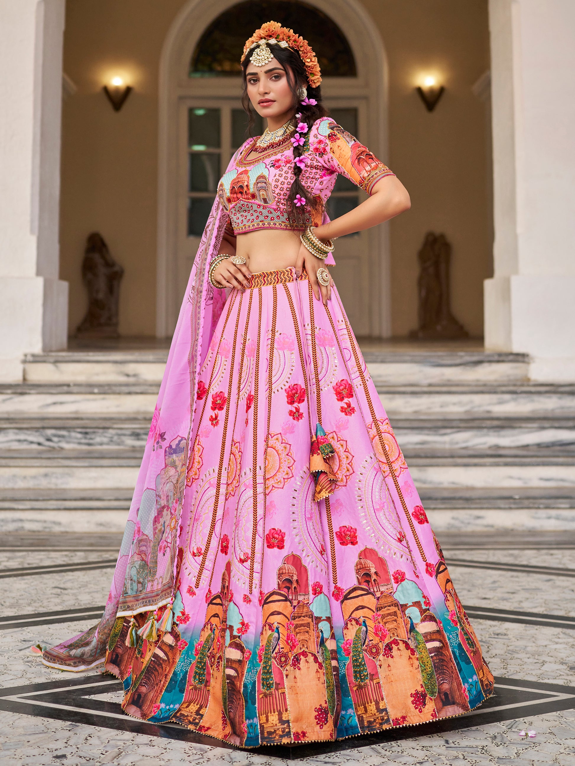 Pretty Pink Printed Art Silk Wedding Wear Lehenga Choli