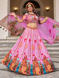 Pretty Pink Printed Art Silk Wedding Wear Lehenga Choli