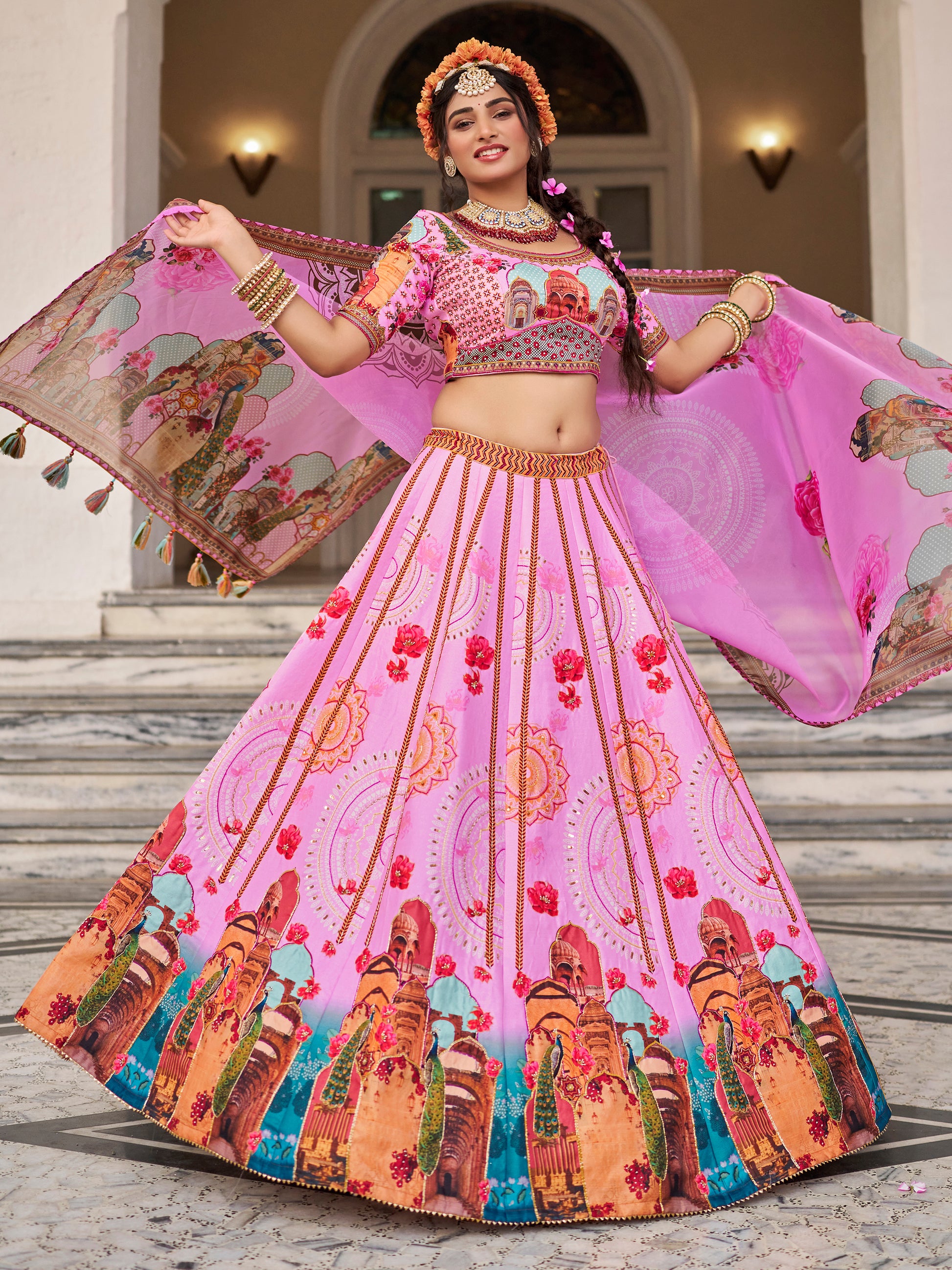 Pretty Pink Printed Art Silk Wedding Wear Lehenga Choli