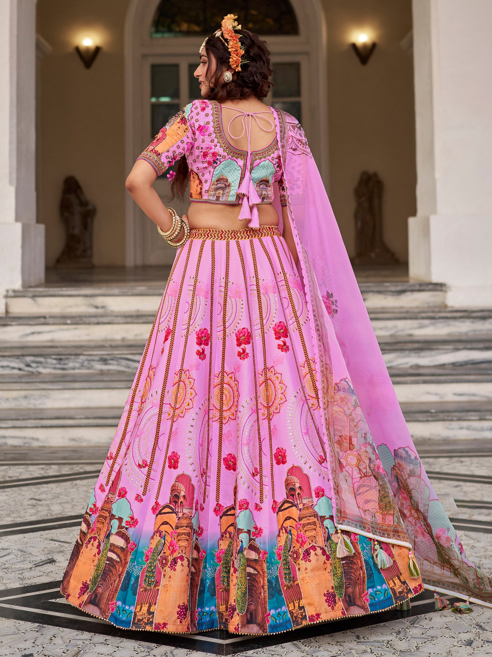 Pretty Pink Printed Art Silk Wedding Wear Lehenga Choli