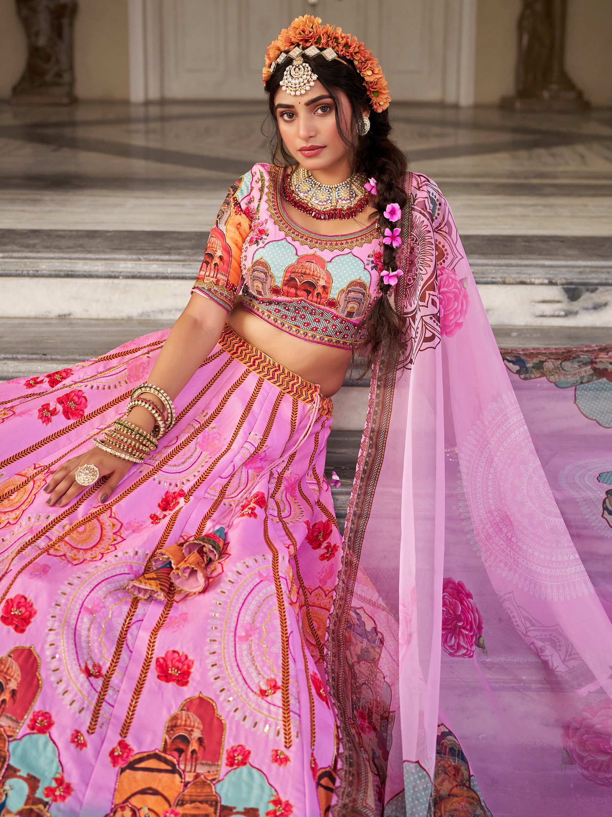Pretty Pink Printed Art Silk Wedding Wear Lehenga Choli