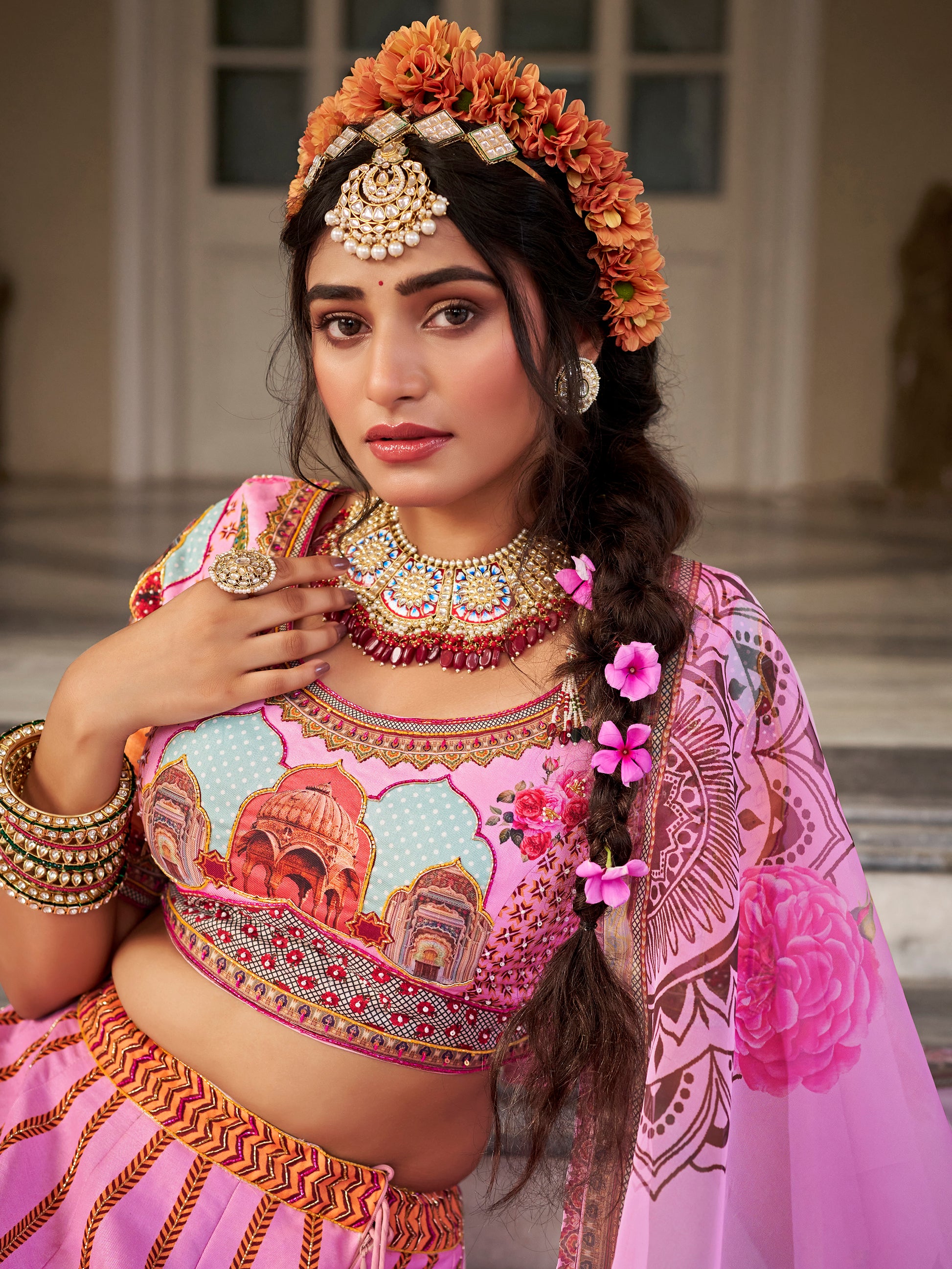 Pretty Pink Printed Art Silk Wedding Wear Lehenga Choli