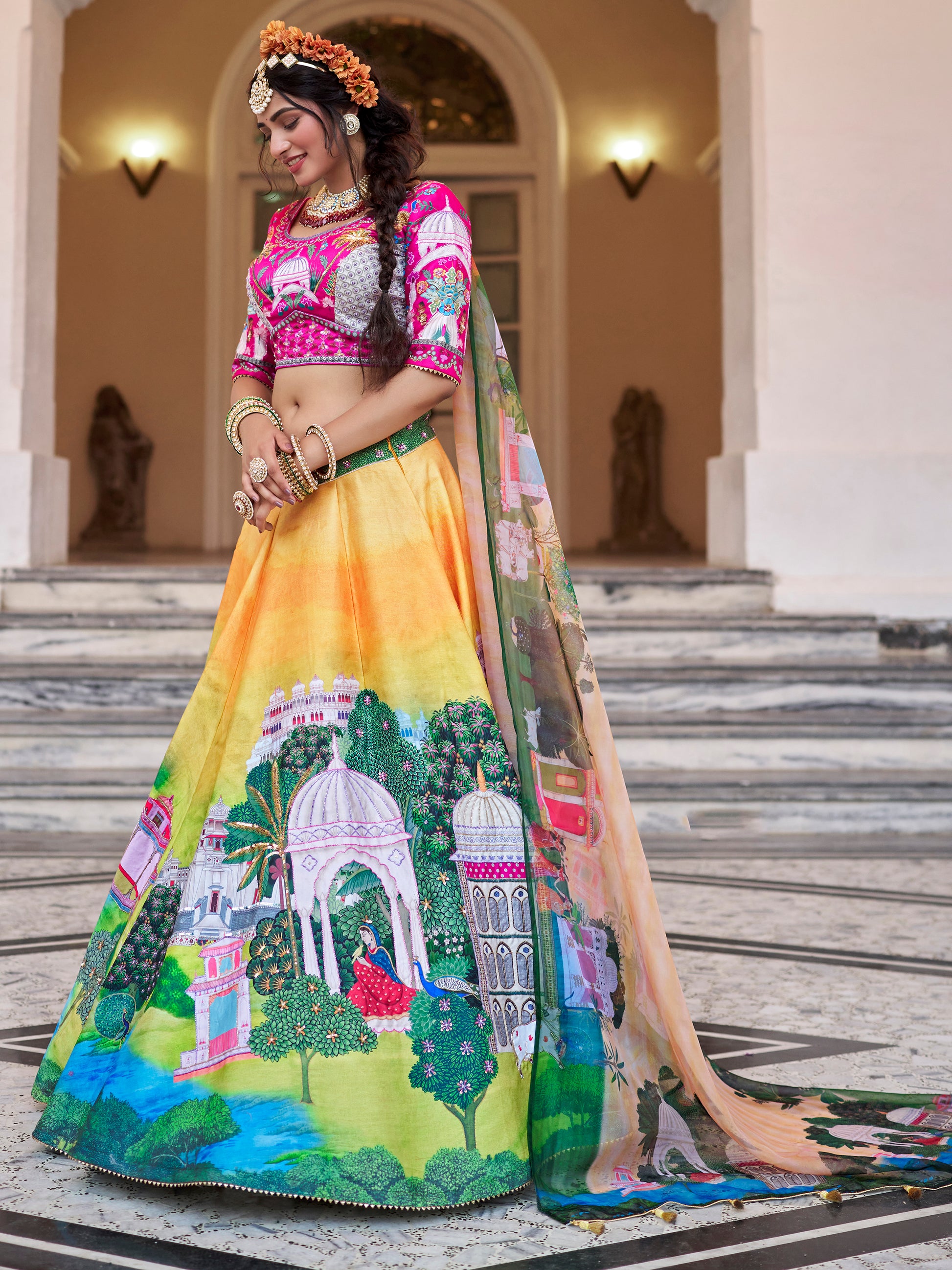 Alluring Yellow Printed Art Silk Bridesmaid Lehenga Choli