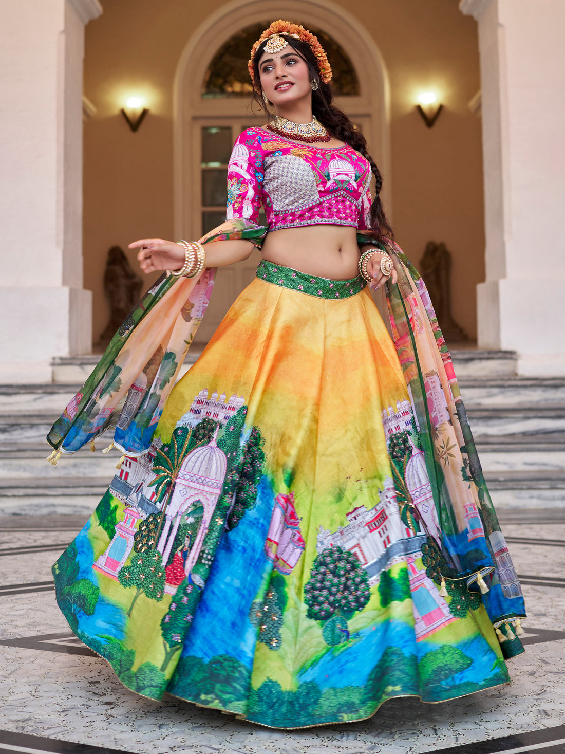 Alluring Yellow Printed Art Silk Bridesmaid Lehenga Choli