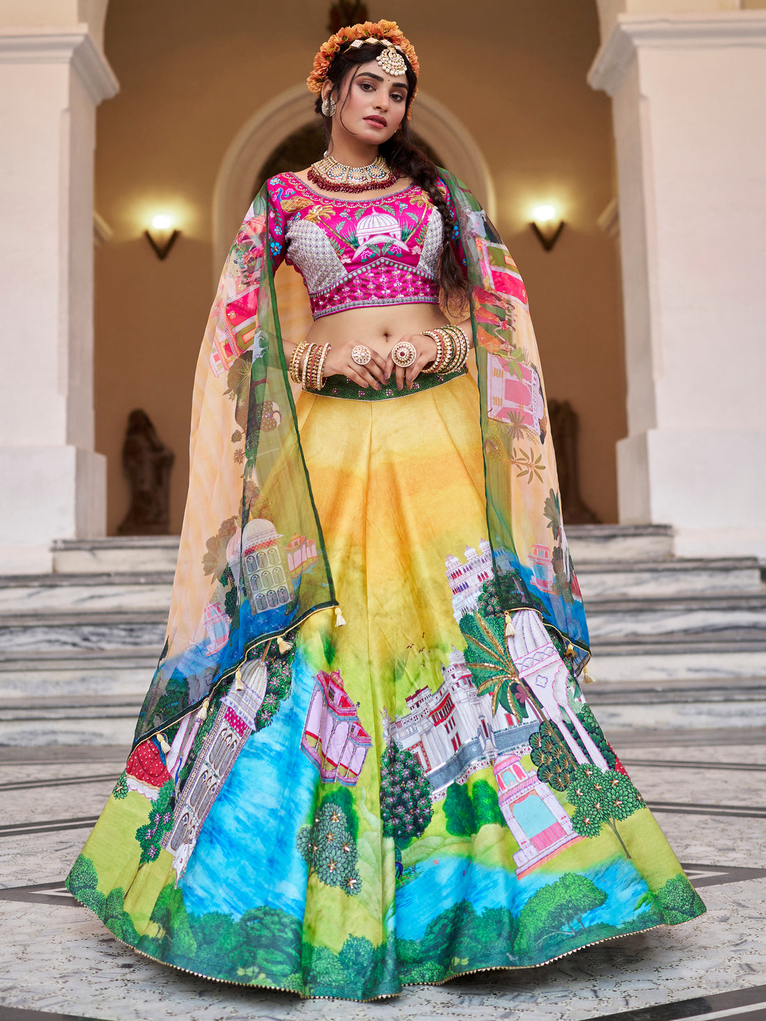 Alluring Yellow Printed Art Silk Bridesmaid Lehenga Choli