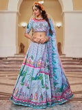 Wonderful Sky-Blue Printed Art Silk Traditional Lehenga Choli