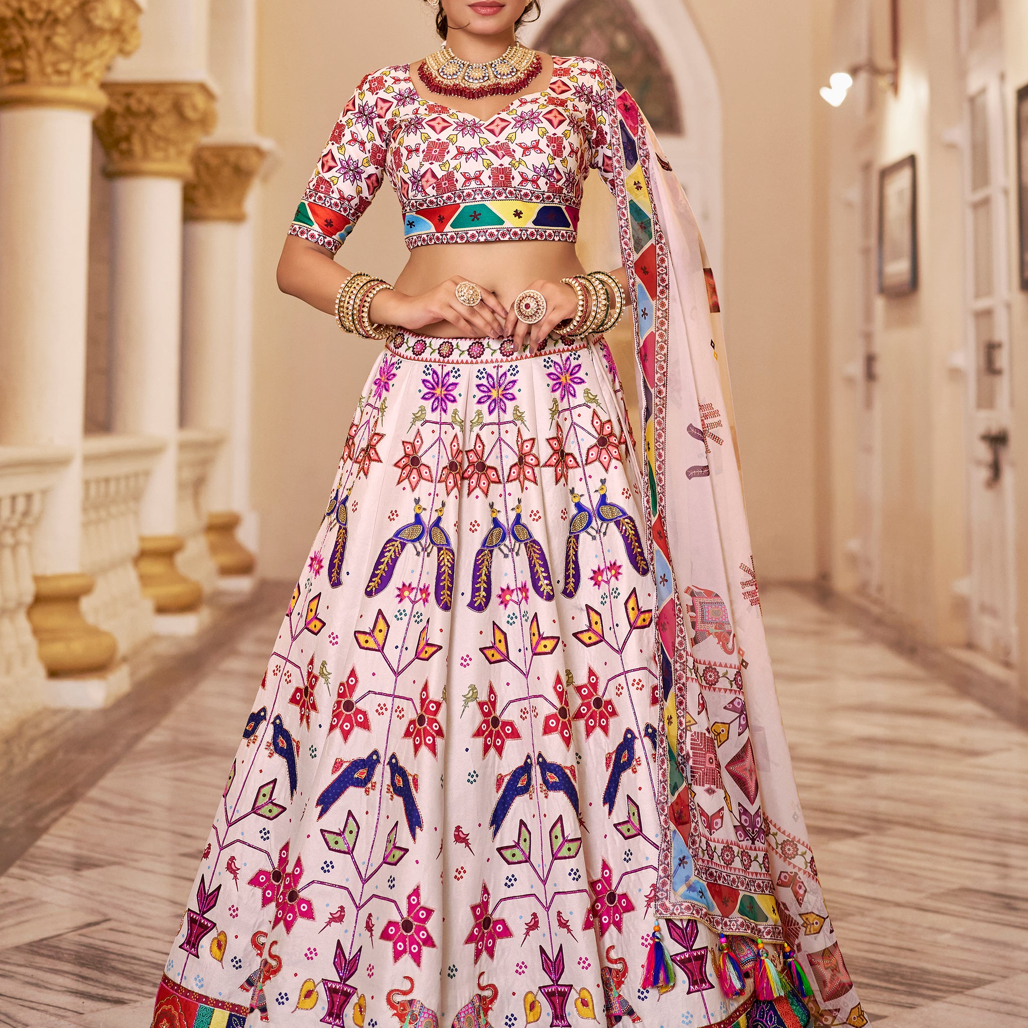 Awesome Off-White Printed Art Silk Festive Wear Lehenga Choli With Dupatta