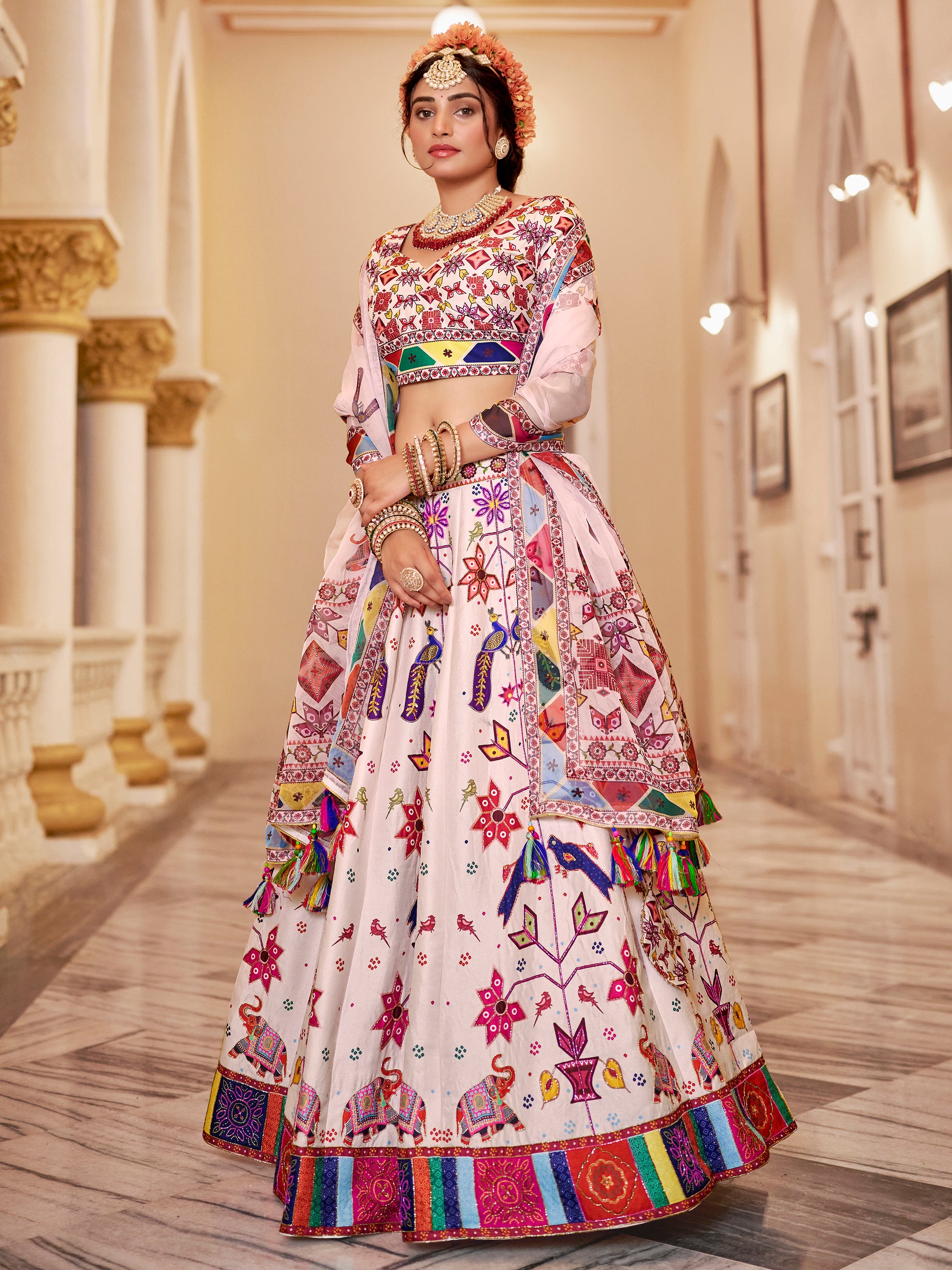 Awesome Off-White Printed Art Silk Festive Wear Lehenga Choli With Dupatta