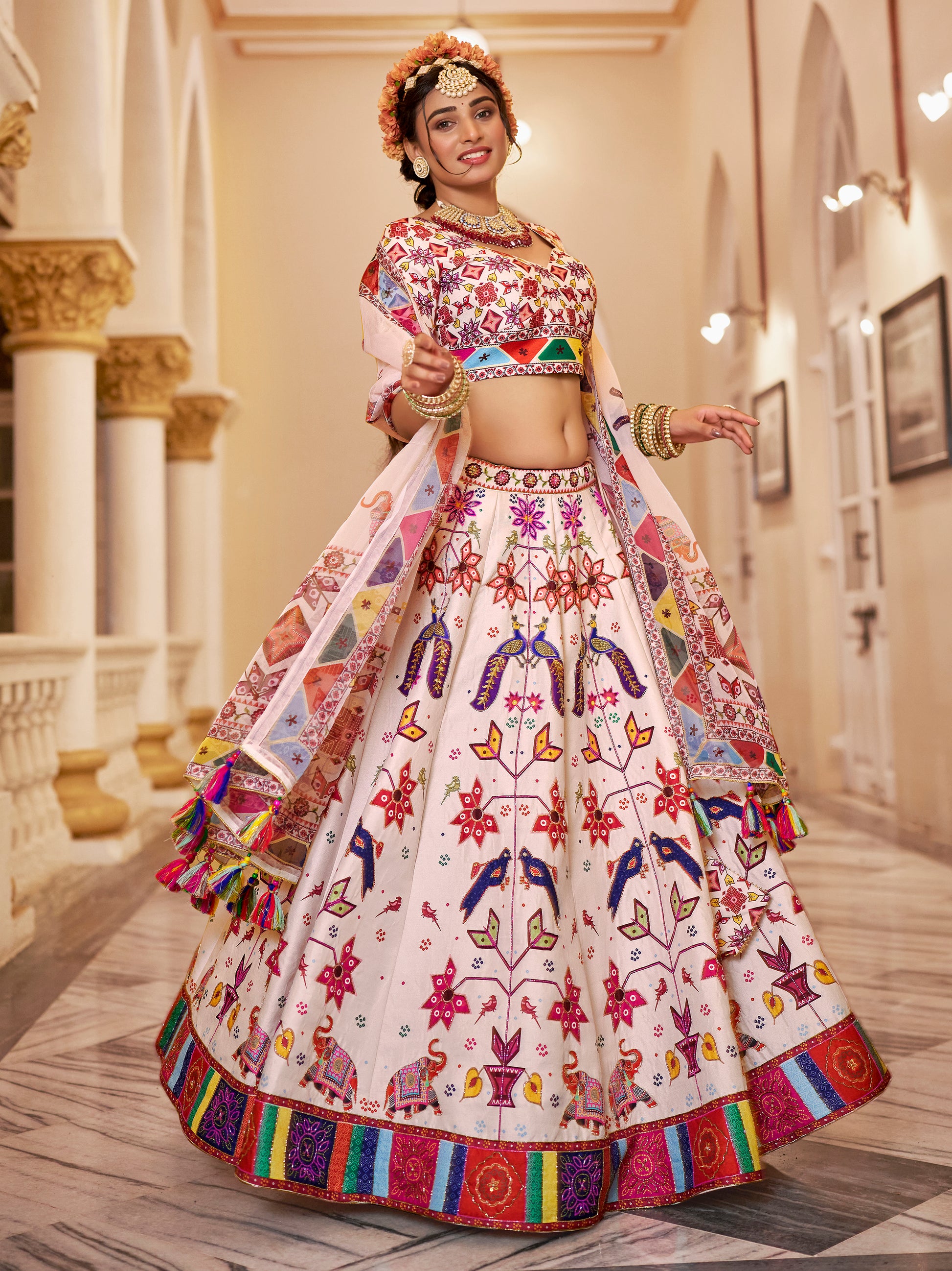 Awesome Off-White Printed Art Silk Festive Wear Lehenga Choli With Dupatta