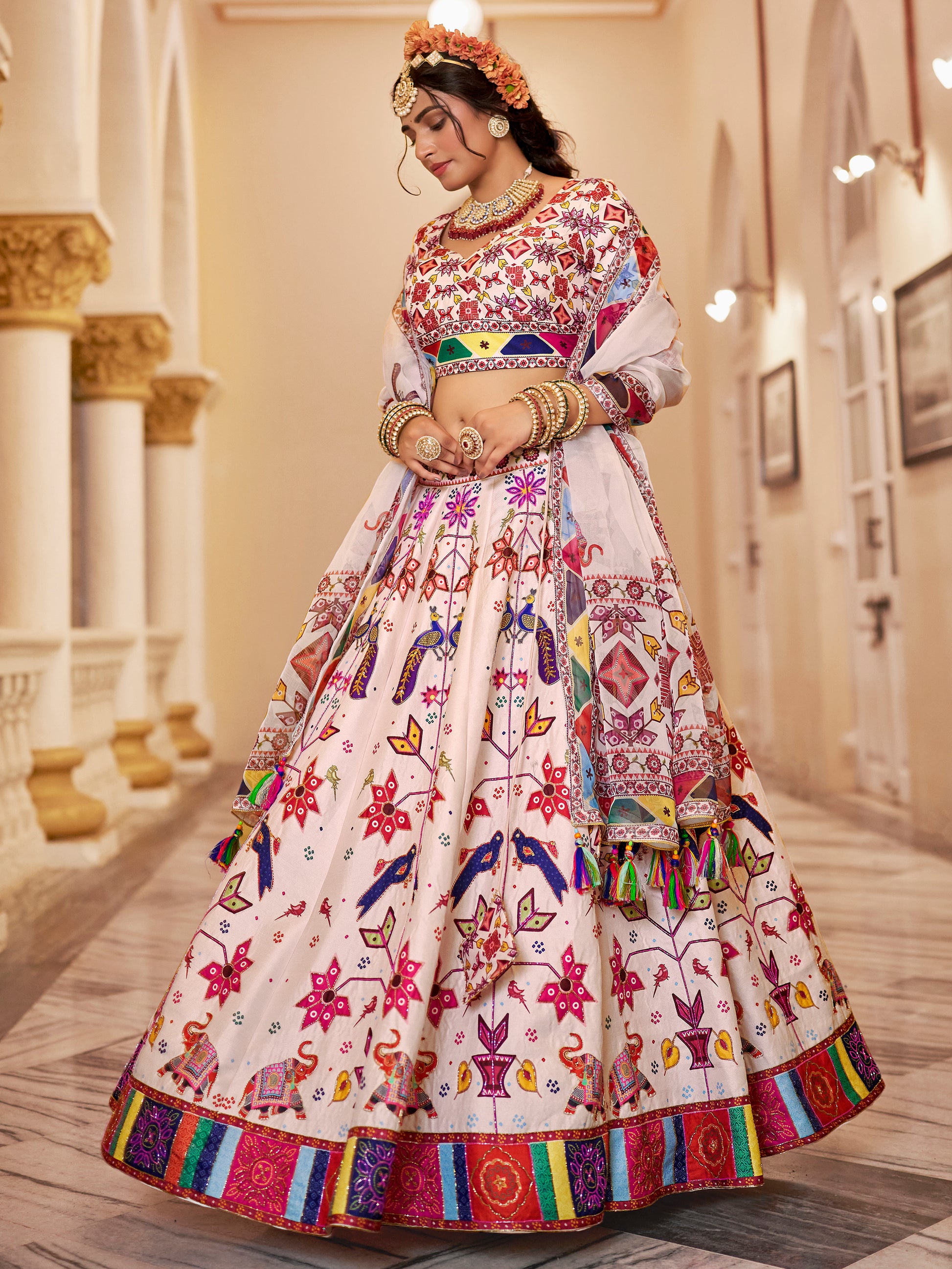 Awesome Off-White Printed Art Silk Festive Wear Lehenga Choli With Dupatta