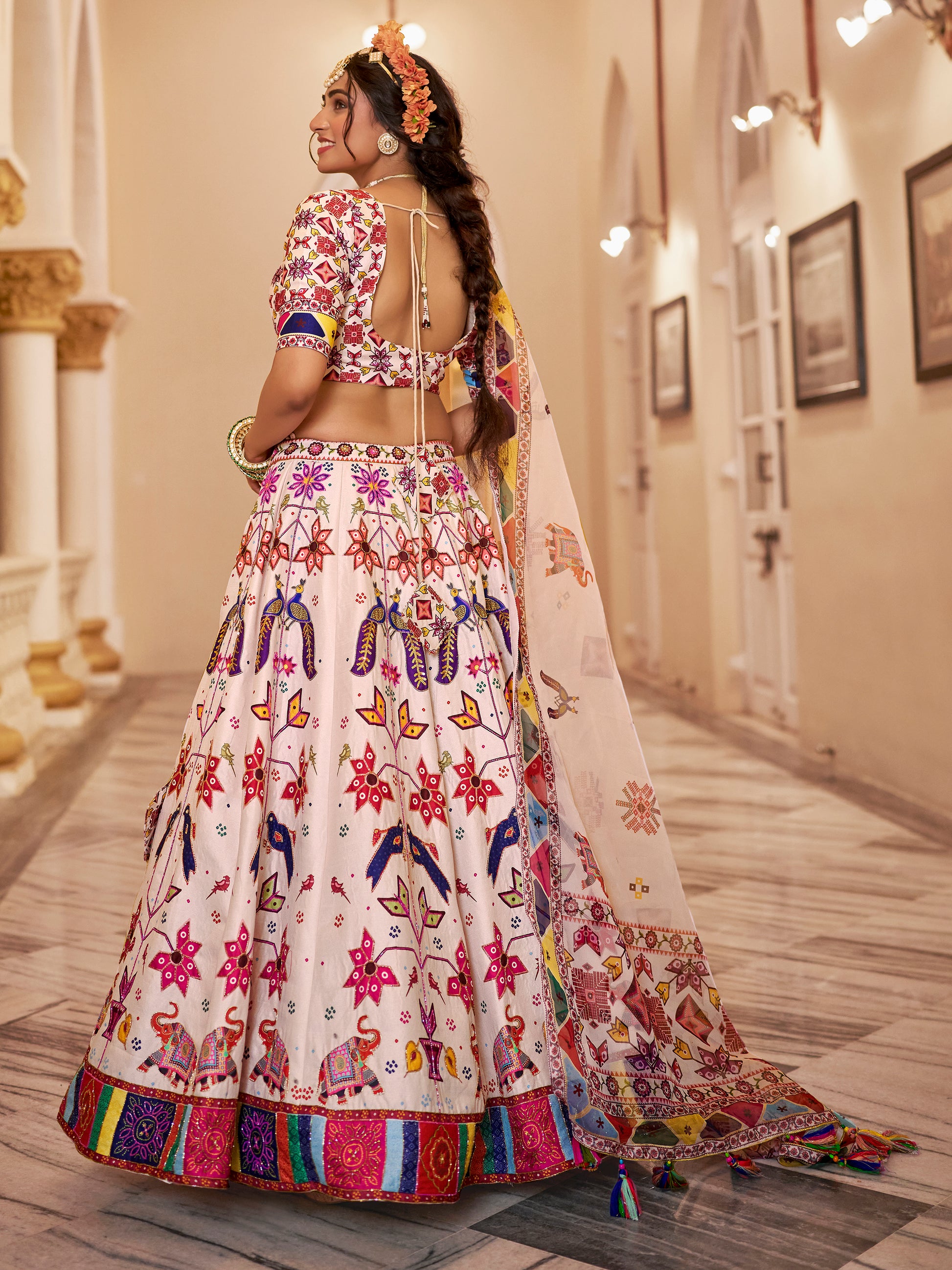 Awesome Off-White Printed Art Silk Festive Wear Lehenga Choli With Dupatta