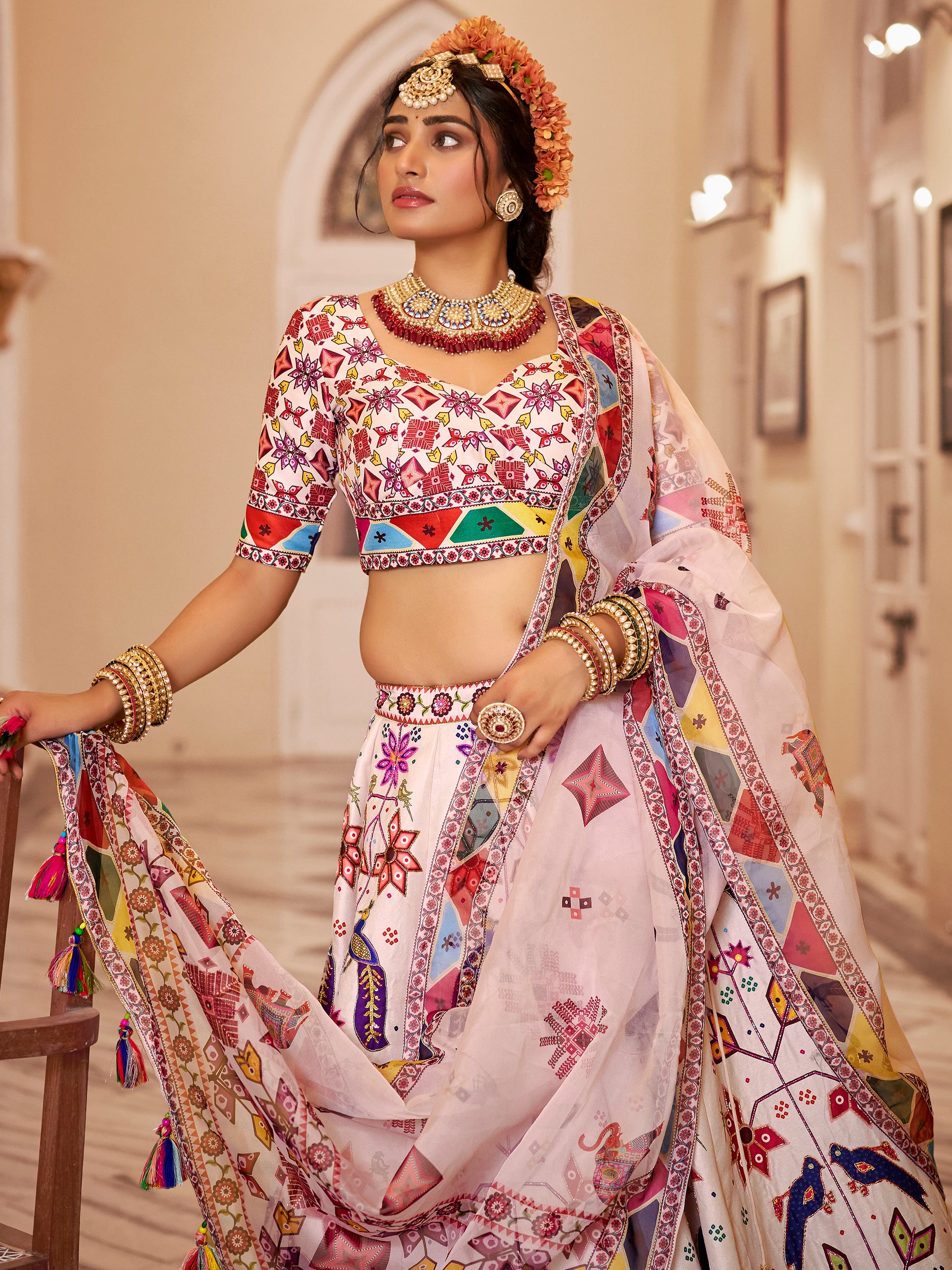 Awesome Off-White Printed Art Silk Festive Wear Lehenga Choli With Dupatta