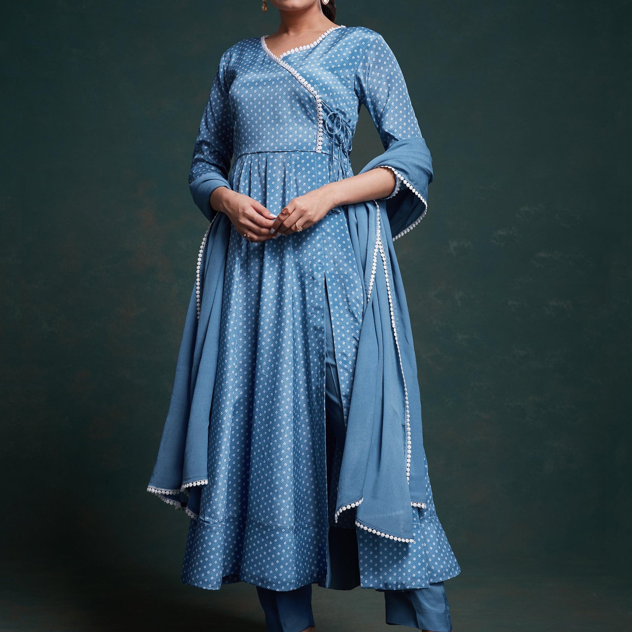 Delightful Dusty Blue Printed Chinon Salwar Suit With Dupatta