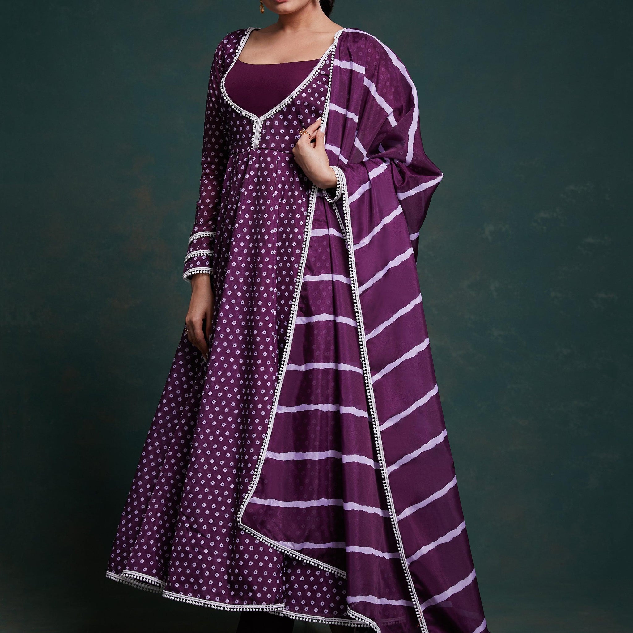 Fascinating Purple Printed Organza Festival Wear Salwar Suit