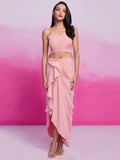 Enchanting Peach Embroidery Organza Party Wear Crop Top With Cape