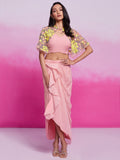 Enchanting Peach Embroidery Organza Party Wear Crop Top With Cape
