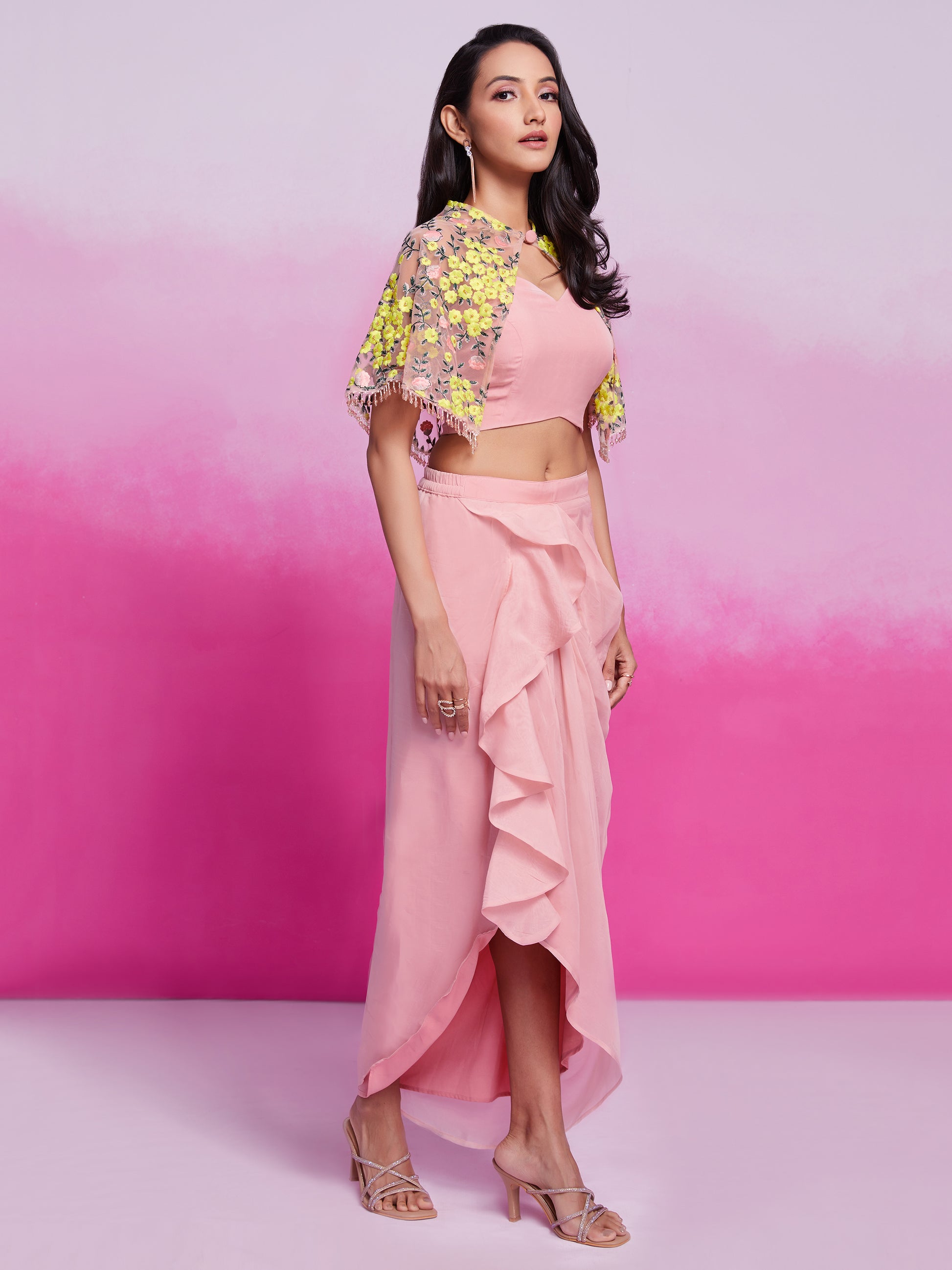 Enchanting Peach Embroidery Organza Party Wear Crop Top With Cape
