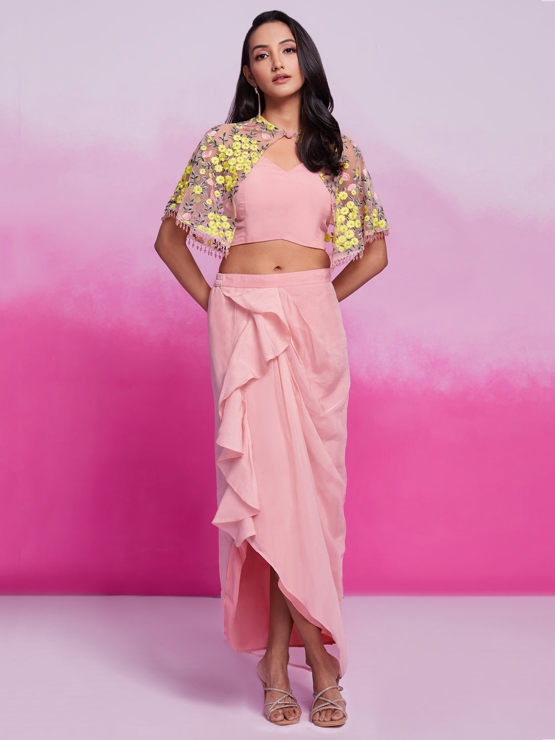 Enchanting Peach Embroidery Organza Party Wear Crop Top With Cape