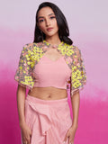 Enchanting Peach Embroidery Organza Party Wear Crop Top With Cape