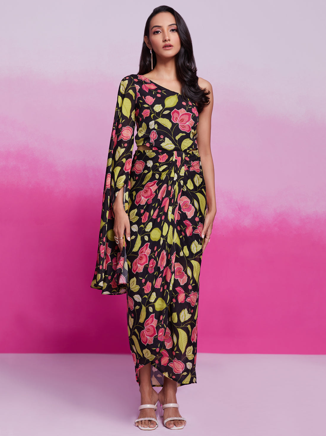 Stunning Black Floral Printed Chinon Silk Western Dress